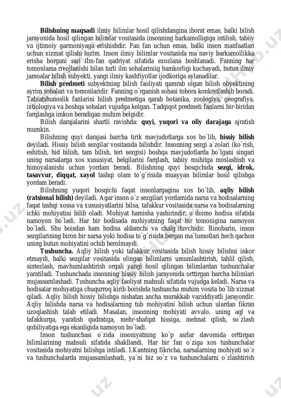 : biz biladigan narsa (fenomen) va o`z holicha mavjud bo`lgan narsa (noumen) mutlaqo har xildir. biz hodisalar mohiyatini qay darajada teran anglamaylik, bizning bilimimiz baribir o`zicha mavjud bo`lgan narsalardan farq qiladi. shunday qilib, kantning fikricha, bizning ongimizga, hissiyotimizga, tafakkurimizga bog`liq bo`lmagan narsalar olami mavjud. uni faylasuf «narsa o`zida» sifatida ta`riflaydi. kant fikriga ko`ra, shunday bir subyekt borki, uning uchun bilim darajasi mavjud emas. uning bilimi doimo to`liq va haqiqiydir. bu subyekt – xudo. garchi kant diniy e`tiqod manfaatlarini ko`zlab bilimni chegaralab qo`ygan bo`lsa-da, u ayni vaqtda axloqning e`tiqoddan mustaqil ekanligini ta`kidlashga harakat qiladi. axloq dinga emas, balki aksincha, har qanday din axloqqa asoslanmog`i kerak, degan xulosaga keladi. 2. bilish shakllari, predmeti va darajalari. bilishning mohiyati, shakllanish va rivojlanish qonuniyatlari, xususiyatlarini o`rganish falsafa tarixida muhim o`rin egallab kelmoqda. inson o`z bilimi tufayli borliq, tabiat, jamiyatni va, nihoyat, o`z-o`zini o`zgartiradi. bilishga qaratilgan inson faoliyatini va uni amalga oshirishning eng samarali usullarini tadqiq …