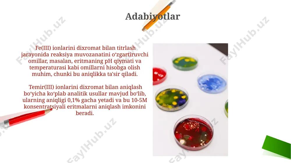 a aniq aniqlanganini ko'rsatdi, nisbiy xato <2% ni tashkil etdi. tajriba o'tkazish tartibi 25 ml temir (iii) ionlari eritmasini aniq o'lchov silindridan olib, konussimon kolbaga soling va 10 ml 1m sulfat kislota qo'shing, so'ngra kaliy dixromat eritmasini titrlashni boshlang. titrlash jarayonida eritmaning rangi sariqdan yashil rangga o'zgarguncha, aniq rang o'zgarishiga e'tibor bering. taxminan 20-30 tomchi indikator qo'shilishi mumkin. tahlil usuli tahlilning aniqligi standart eritmalardan foydalanish orqali tekshiriladi va nisbiy xatolik 0,5% dan oshmasligi kerak. bu 10 marta takrorlash orqali o'rtacha natijani hisoblash yo'li bilan ta'minlanadi. temir (iii) ionlarini diхromat bilan aniqlash usulida 0,01 m kaliy diхromat eritmasidan foydalaniladi va titrlash jarayonida 1:1 nisbatda reaksiyaga kirishadi. aniq natijalar olish uchun eritmaning kislotaligi 1m sulfat kislota bilan tartibga solinadi. e'tiboringiz uchun rahmat @taqdimot_robot image2.png image1.png image5.jpg image6.jpg image7.jpg image8.jpg image9.jpg image10.jpg image11.jpg image12.jpg image13.jpg image14.jpg image15.jpg image16.jpg