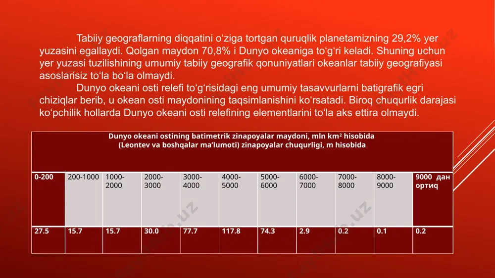 otqiziqlar ham keng tarqalgan. bu shuni ko‘rsatadiki yaqin vaqtlarda quruqlikning qirg‘oq bo‘ylarini oxirgi muzlanish tamom bo‘lgandan keyin dunyo okeanining sathi ko‘tarilgan, suv bosgan. www.arxiv.uz 6 shelfda turli xil hozirgi zamon relef hosil qilish protsesslari sodir bo‘lmoqda. birinchi o‘rinda dengiz to‘lqinlarining akkumulyativ harakatlarini qo‘yish mumkin. hozirgi zamon relef hosil qilishdagi muhim olim dengiz suvining ko‘tarlishi harakatlari. tropik va ekvatorial dengizlarning shelfida katta relef hosil qiluvchi va geologik faoliyatini rif qurilmalar marjon karon poliplari, suv o‘tlari o‘ynaydi. neft – gaz konlari topilgan qirg‘oq bo‘yi tekisliklariga tutash shelflarga qiziqish katta bo‘layapti. hozirgi paytda bir qancha shelflarda neft – gaz qazib olinmoqda. shelfdagi baliq boyliklarini amaliy ahamiyati bor. hozirgi vaqtda ovlanadigan baliqlarning yarmi shelf suvlariga to‘g‘ri keladi. shelf resurslari orasida qurilish materiallari zahiralari ham katta. shelf okean tomonidan ma’lum bir chegaraga ega. shelf chekkasida bir daniga qiyalik ortadi, chuqurligi 100 – 200 m dan 3000 – 35000 m ga chuqurlashadi. bu qism materik yonbag‘iri …