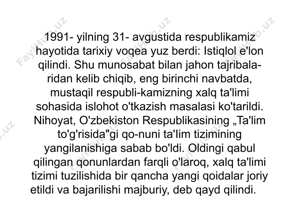 ni oliy maktablarga kirayotgan barcha talabalar ham topshirishlari shart emas. mabodo biror talaba shu murakkablashtirilgan sinovlarni topshirib universitetga kirsa, u talabaga maxsus stipendiya beriladi. amerikaning eng katta boyligi — bu aql. aql bu mamlakatda qadrlanadi, aqlli talabalar alohida taqdirlanadi. aqlli, a’lochi talabalar o’quv yurtlarining faxri sanalgani sababli ham, ularga turli yo’llar bilan yordam berish, stipendiyalar tayinlash orqali ularni o’quv yurtlarida saqlashga harakat qiladilar. o’zi tanlagan sohada yutuqlarga erishayotgan talabalar ro’yxati har yili alohida kitobda nashr etilib turiladi. bundan maqsad mazkur soha bilan qiziquvchi kompaniyalarning e’tiborini bo’lajak olimlarga qaratishdir. yaponiyada ta’lim tizimi majburiy ta’lim. ta’limning pog’onasi 6 yoshdan 15 yoshgacha bo’lgan bolalarni o’z ichiga oladi. 6 yillik boshlang’ich ta’lim va 3 yillik kichik o’rta maktab, 9 yillik majburiy ta’limni tashkil etadi va u bepuldir, tekin darsliklar bilan ta’minlangan. muxtoj oilalarning bolalari bepul nonushta, o’quv qurollari, tibbiy xizmat bilan ta’minlanadi. zarur bo’lgan taqdirda ularning oilalariga moddiy yordam ko’rsatiladi. shu qatorda xususiy maktablar …