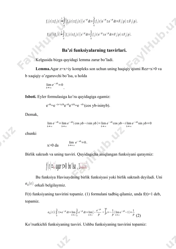 mida ta’sir etuvchi 1/h kuch kattaligi sifatida talqin etish mumkin. bu kuchning impulsi istalgan h da birga teng. dirakning impuls funksiyasini (t) funksiyaning h0 dagi limiti kabi aniqlaymiz: bu funksiyani t = 0 da cheksiz katta, t ning barcha qolgan qiymatlarida nolga teng bo’lgan kuch sifatida talqin etish mumkin. bu kuchning impulsini ham birga teng deb olamiz. impuls funksiyaning tasvirini (t) funksiya tasvirining h0 dagi limiti sifatida aniqlaymiz: (1) formula bo’yicha (t) funksiya tasvirini topamiz: chunki t>h da (t) shuning uchun chunki lopital qoidasini tatbiq qilib, ni topamiz. shunday qilib, dirakning impuls funksiyasi tasviri birga teng: f(р) funksiyani shartli ma’noda tasvir deb hisoblash kerakligini qayd qilamiz, chunki f(р) funksiya da nolga intilmaydi. biroq bu tasvirning va mpuls funksiyaning kiritilishi oniy impuls harakteriga ega bo’lgan miqdorlar qaraladigan masalalarni yechishda foydali bo’ladi. asosiy adabiyotlar 1. lumaycv m.i; tadjiyeva z.g’. boshlangmch sinflarda malcmalika o’qilish metodikasi. (() o’y uciiun darslik.) toshkenl. “fan va icxnologiya”, …