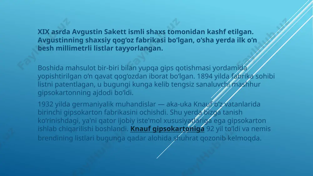 rilishlarda keng qo‘llaniladi. 2. yong‘inga chidamli gipsakarton: xususiyatlari: ushbu gipsakartonning tarkibida yong‘inga chidamlilikni oshirish uchun maxsus moddalarga ega. qo‘llanilishi: yong‘inga qarshi himoya talab qilinadigan joylarda (masalan, omborlar, koridorlar, xavfli ob'ektlarda) ishlatiladi. 3. namlikka chidamli gipsokarton: xususiyatlari: ushbu gipsokarton namlikdan ziyon ko‘rmaydi. tarkibida qo‘shimcha materiallar bo‘lib, namlikka qarshi chidamliligini oshiradi. qo‘llanilishi: vannalar, oshxonalar, saunalarda va boshqa nam muhitlarda qo‘llaniladi. 4. akustik gipsokarton: xususiyatlari: ovoz izolyatsiyasini oshiruvchi maxsus materiallarga ega gipsokarton turi. uning tarkibiga qo‘shimchalardan foydalaniladi, masalan, shovqinlarni yutuvchi materiallar. qo‘llanilishi: ofislar, kinoteatrlar, konsert zallari, kutubxonalar va boshqa joylarda ishlatiladi, bu yerlarda shovqin va ovoz izolyatsiyasi talab qilinadi. 5. termoizolyatsion gipsokarton: xususiyatlari: ushbu turdagi gipsokarton issiqlikni yaxshi ushlab turadi. u issiqlikni yaxshi saqlash uchun qo‘shimcha izolyatsiya materiallari bilan ishlab chiqilgan. qo‘llanilishi: sovuq iqlimlarda, energiya samaradorligini oshirish uchun ishlatiladi. 6. dekorativ gipsokarton: xususiyatlari: boshqa turdagi gipsokartonlarga nisbatan, bu material ko'proq estetik jihatga ega bo'lib, turli dizayn va shakllarda ishlab chiqiladi. qo‘llanilishi: dizayn va …