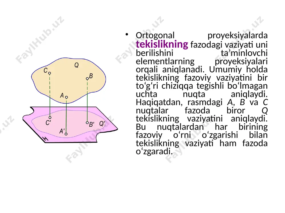 ri chiziq tekislikka perpendikulyar (ap). tekislikka tegishli to‘g‘ri chiziq va nuqta. quyidagi xollarda to‘g‘ri chiziq tekislikka tegishli bo‘ladi: agar to‘g‘ri chiziqning ikki nuqtasi tekislikka tegishli bo‘lsa, bu to‘g‘ri chiziq tekislikka tegishli bo‘ladi. masalan, a to‘g‘ri chiziqning a va b nuqtalari q tekislikka tegishli bo‘lganligi uchun a to‘g‘ri chiziq q tekislikka tegishli bo‘ladi; agar m to‘g‘ri chiziqning bir nuqtasi tekislikka tegishli bo‘lib, mazkur tekislikka tegishli yoki unga parallel biror to‘g‘ri chiziqqa parallel bo‘lsa, bu to‘g‘ri chiziq tekislikka tegishli bo‘ladi. masalan, m to‘g‘ri chiziqning c nuqtasi q tekislikka tegishli va bu to‘g‘ri chiziq mazkur tekislikka tegishli to‘g‘ri chiziqqa parallel bo‘lsa, u holda m to‘g‘ri chiziq q tekislikka tegishli bo‘ladi. to‘g‘ri chiziqning tekislikka tegishli bo‘lish shartlaridan quyidagi xulosalarga kelish mumkin. 1-xulosa. agar to‘g‘ri chiziq tekislikka tegishli bo‘lsa, bu to‘g‘ri chiziqning bir nomli izlari tekislikning bir nomli izlariga tegishli bo‘ladi. p tekislikka tegishli m to‘g‘ri chiziqning mh gorizontal izi tekislikning ph gorizontal izida, to‘g‘ri …