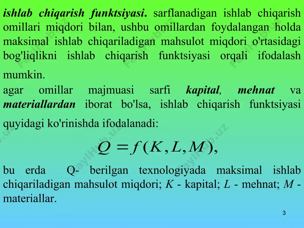 ining o'zgarishi - mehnat sarfining o'zgarishi * chekli texnologik almashtirish normasi k=2 l=1 l=1 l=1 l=1 k=1 k l 5 q2=85 5 4 4 3 3 2 2 1 1 * izokosta - bu ishlab chiqarish xarajatlarini ifodalovchi chiziq bo'lib, u umumiy qiymati bir xil bo'lgan ikkita ishlab chiqarish omillari sarflarining barcha kombinatsiyalarini ifodalovchi nuqtalarni o'z ichiga oladi, yaъni umumiy qiymati bir xil bo'lgan meщnat va kapital sarflari kombinatsiyalarni ifodalovchi nuqtalarni o'z ichiga oladi. agar firmaning ishlab chiqarish omillariga sarflanadigan byudjetni s deb belgilasak, ishchi kuchiga sarfini w*l va kapitalga sarfini r*k desak, izokostani ifodalovchi tenglamani quyidagicha yozish mumkin: * izokostaning grafikdagi ko'rinishi kapital k n1 b a m n2 s/r kb ka km 0 s/w la lb lm l - mehnat * endi firmaning umumiy xarajatlari cheklanganda maksimal mahsulot iщlab chiqarishga erishish masalasini grafik usulda echilishini ko'rib chiqamiz. l - mehnat e nuqta uchun quyidagi tenglik o'rinli bo'ladi: kapital …