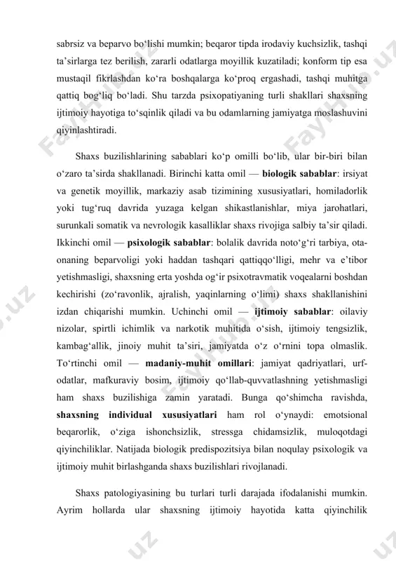 ko‘rinishda namoyon bo‘ladi: nevrozlar, psixosomatik buzilishlar, travmadan keyingi stress buzilishi, shuningdek, ijtimoiy muhitga bog‘liq reaktiv holatlar shular jumlasidandir. psixogeniyalarning rivojlanishida bir nechta omillar muhim hisoblanadi. avvalo, ijtimoiy-psixologik sharoitlar asosiy o‘rin tutadi: oiladagi nizolar, yaqinlarning yo‘qolishi, bolalik davrida mehr va e’tibor yetishmasligi, ijtimoiy qo‘llab-quvvatlashning kamligi shaxs ruhiyatini zaiflashtiradi. ikkinchi katta omil — shaxsning individual-psixologik xususiyatlari: xarakter, temperament, emotsional barqarorlik darajasi, stressga chidamlilik, tashqi muhit ta’siriga beriluvchanlik. masalan, labillik, yuqori hissiy sezgirlik yoki o‘ziga ishonchsizlik psixogeniyalarga moyillikni oshiradi. uchinchidan, biologik va fiziologik omillar ham rol o‘ynaydi: markaziy asab tizimining holati, organizmning umumiy sog‘lig‘i, genetik predispozitsiya. bular tashqi stress omillarining psixikaga ta’sirini kuchaytirishi mumkin. shuningdek, ijtimoiy-madaniy muhit ham psixogeniyalar rivojida muhim ahamiyatga ega. jamiyatdagi bosim, iqtisodiy qiyinchiliklar, ishsizlik, migratsiya, ijtimoiy tengsizliklar shaxsning ruhiy salomatligiga salbiy ta’sir ko‘rsatadi. yana bir omil — hayotiy tajriba va ruhiy zarbalarni qayta ishlash mexanizmlari. agar shaxsda moslashuv strategiyalari (koping-mexanizmlar) rivojlanmagan bo‘lsa, u stressga bardosh bera olmaydi va bu …