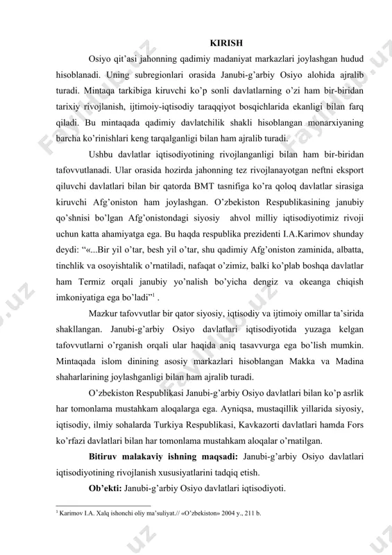 atlari iqtisodiyotining rivojlanish xususiyatlarini tadqiq etish. ob’ekti: janubi-g’arbiy osiyo davlatlari iqtisodiyoti. predmeti: janubi-g’arbiy osiyo davlatlari iqtisodiyoti rivojlanishiga ta’sir etuvchi omillarni, ularning tarmoqlarga ta’sir holatini aniqlash hamda iqtisodiyotining hududiy rivojlanish xususiyatlarini o’rganib chiqish. vazifalari: - janubi-g’arbiy osiyo davlatlarining geografik o’rni, tabiiy sharoiti va resurslarini o’rganish; - aholisi va mehnat resurslari iqtisodiyoti rivojlanishidagi rolini tahlil qilish; - janubi-g’arbiy osiyo davlatlari xo’jaligining asosiy tarmoqlariga tavsif berish; - janubi-g’arbiy osiyo davlatlari iqtisodiyotining hududiy rivojlanish xususiyatlarini ochib berish; - “janubi-g’arbiy osiyo davlatlari iqtisodiyotining rivojlanish xususiyatlari” mavzusini o’qitishda zamonaviy pedagogik texnologiyalardan foydalanish bo’yicha tavsiyalar ishlab chiqish. bitiruv malakaviy ishining amaliy ahamiyati: bmi ma’lumotlaridan 9-sinf “jahon iqtisodiy va ijtimoiy geografiyasi” fanining “janubi-g’arbiy osiyo davlatlari” mavzusini o’qitishda foydalanish mumkin. bitiruv malakaviy ish hajmi: ishning umumiy hajmi 52 betdan iborat. unda 11 ta jadval va 2 ta karta-sxema mavjud. foydalanilgan adabiyotlar ro’yhati 16 manbaadan tashkil topgan. bundan tashqari, ish so’nggida mavzuga oid – so’zdan iborat inglizcha-o’zbekcha glossariy, qisqacha o’zbek, …