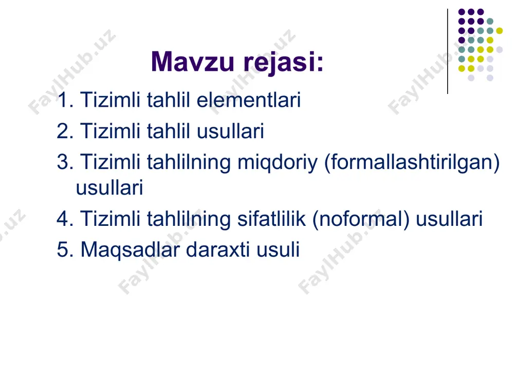 tik dasturlash usullari); nazariy ko‘p qiymatli usullar; lingvistik usullar; semiotik usullar va boshqa; sifatlilik usuli hal qiluvchi matritsalar usuli; morfologik usullar; maqsadlar daraxti usuli; delfi usuli; ssenariylar usuli; tarmoq usullari, ekspertli baholash usuli, aqliy hujum usuli, swot usuli, iyerarxiyalarni tahlil qilish usuli va boshqa. tashkilotning ichki muhiti uning faoliyatidagi kuchli va kuchsiz jihatlarini aniqlab beradi. tashkilotning kuchli jihati uning muvaffaqiyatli faoliyatini, ko‘chimcha imkoniyatlarini ochib beradi. tashkilotning kuchsiz tomoni esa uning kamchiliklari va mehnat faoliyatidagi xatoliklarini, raqobatbardoshligining sustlashganligini ko‘rsatadi. swot-tahlil usuli swot qisqartmasi birinchi marta 1963-yilda garvard biznes siyosati konferentsiyasida professor kennet endryu tomonidan kiritilgan.inglizcha: kenneth andrews ). swot-tahlil usuli tashkilotning eng muhim qiziqishlari to‘rt turdagi sohalarga bo‘linadi: tashkilotning daromadi; mijozlar bilan ishlash; tashkilot xodimlarining moddiy va maishiy talablari; ijtimoiy javobgarlik. maqsadlar daraxti usuli ko‘rsatgichlarda ifodalanuvchi daromad (masalan, daromad miqdorining turlari, rentabellik, aksiyalardagi daromad va hokazo); tashkilotning bozordagi o‘rni (masalan, bozordagi ulushi, savdo hajmi, bozordagi ulushining raqobatbardoshligi, savdo hajmida alohida mahsulotlarning …