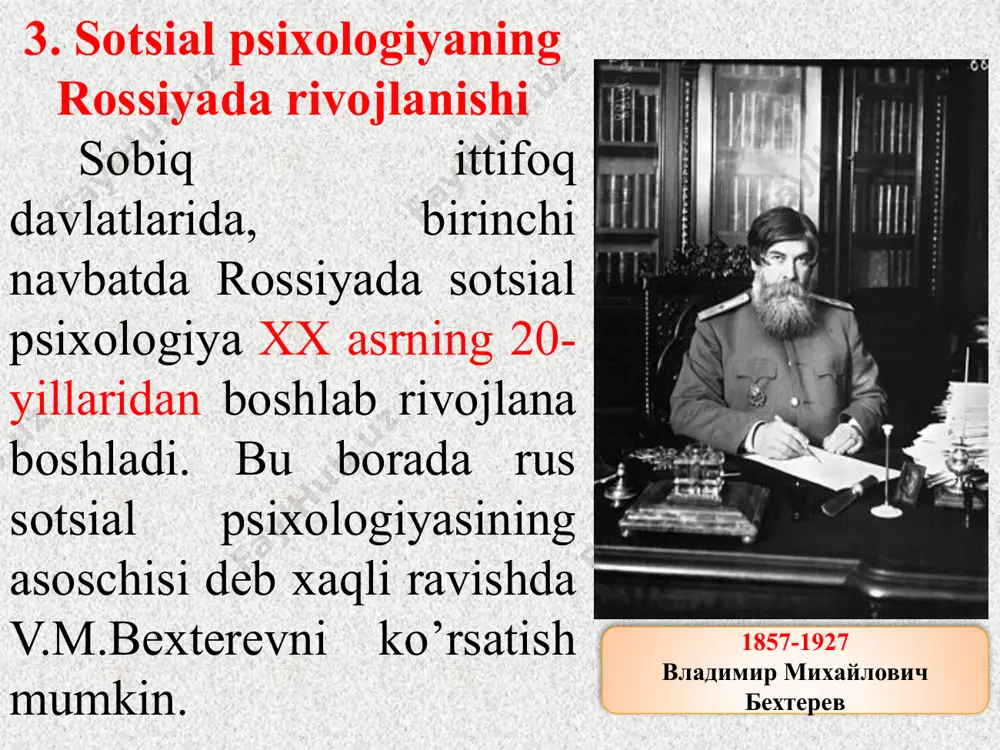 diniy, falsafiy oqimlar va qarashlar tizimida o`ziga xos tarzda shakllanib kelganini ko’rish mumkin. masalan, eramizning, v asrlarida rivoj topgan monizm (asoschisi mani) yoki mazdakizm (asoschisi mazdak) va boshqalar o`z diniy qarashlari tizimida sotsial munosabatlar, sotsial adolat va shaxsning o`ziga xosligi kabi g’oyalarni keng tashviqot qilganlar. 10 lekin tarix bizga shundan darak beradiki, yaxlit, sistematik sotsial psixologik qarashlar tizimi umuman bo`lmagan. sotsial psixologik tadqiqotlarning o’tmishdagi va hozirgi kundagi holati m.otajonovning qator ilmiy maqola va risolalarida bayon etilgan. uning oxirgi yillarda o’tkazgan ilmiy tadqiqoti natijalariga ko’ra, sotsial psixologiya fan sifatida muhimlik shajarasida ikkinchi o’rinni egallaydi, ya`ni respublikamiz hududida ilmiy ijod qilayotgan olimlardan 43 foizining fikricha, sotsial psixologiya va ana shu fanning muammolari eng istiqbolli va yechilishi zarur, dolzarbdir. shuni alohida ta`kidlash lozimki, o`zbekistonda o’tkazilayotgan sotsial psixologik tadqiqotlar asosan oilada va oilaviy munosabatlarga bag’ishlangan. 11 chunonchi, birinchi sotsial psixologik tadqiqot ham 70-yillarning oxirida 80-yillarning boshida i.yoqubov tomonidan o’tkazilgan bo`lib, u oilaviy munosabatlarning barqarorligi …
