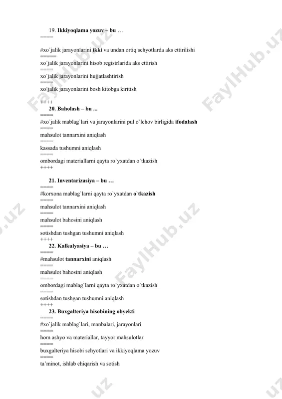 lar bo`yicha to`lanadigan schyotlar” ==== d-t 6920 “hisoblangan foizlar” k-t 9610 “foizlar ko`rinishidagi xarajatlar” ++++ 32. banklarning qisqa muddatli kreditlaridan foydalanganligi uchun foizlarni hisoblashda qanday yozuv to`g`ri deb tan olinadi? ==== # d-t 9610 “foizlar ko`rinishidagi xarajatlar” k-t 6920 “hisoblangan foizlar” ==== d-t 9430 “boshqa operasion xarajatlar” k-t 5110 “hisob-kitob raqami” schyoti ==== d-t 6920 “hisoblangan foizlar” k-t 9610 “foizlar ko`rinishidagi xarajatlar” ==== d-t 4010 “xaridorlar va buyurtmachilardan olinadigan schyotlar” k-t 9330 “undirilgan boqimandalar, jarimalar” ++++ 33. jo`natish bo`yicha operasiyalardagi salbiy kurs farqlarini aks ettirish uchun qanday yozuvlarni amalga oshirish lozim? ==== # d- t 9620 “kurs farqlaridan zararlar” k- t 6310 “xaridor va buyurtmachilardan olingan bo`naklar” ==== d- t 4010 “xaridorlar va buyurtmachilardan olinadigan schyotlar” k-t 8710 “hisobot davrining taqsimlanmagan foydasi (qoplanmagan zarari)” ==== d-t 9610 “foizlar ko`rinishidagi xarajatlar” k-t 4010 “xaridorlar va buyurtmachilardan olinadigan schyotlar” ==== d-t 6920 “hisoblangan foizlar” k-t 9620 “kurs farqlaridan zararlar” ++++ 34. balans …