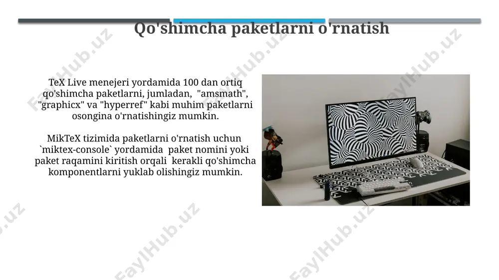 buyruqlardan foydalaniladi va har bir sarlavha raqamlanadi, masalan, 1. kirish, 1.1 asosiy tushunchalar kabi. latex nima va nega kerak? latex — bu matematik formulalar, murakkab jadvallar va yuqori sifatli hujjatlar yaratish uchun mo'ljallangan kuchli typesetting tizimi bo'lib, 1000 dan ortiq matematik belgi va funksiyalarni qo'llab-quvvatlaydi. tex ning kengaytmasi sifatida, latex murakkab formulalarni, 100 ga yaqin turdagi diagrammalarni va murakkab grafikalarni osongina qo'shish imkoniyatini taqdim etadi, bu esa hujjatlarning aniqligi va tushunarliligini oshiradi. miktex o'rnatish miktex installerini ishga tushirganingizdan so'ng, sizga taxminan 5-10 minut ichida asosiy komponentlarni o'rnatish jarayoni tugaydi, shundan keyin qo'shimcha paketlarni o'rnatishingiz mumkin. miktexning eng so'nggi versiyasi 2gb dan kamroq joy egallaydi va windows, macos va linux operatsion tizimlarida ishlashi mumkin, bu esa uni juda moslashuvchan qiladi. kompilyatsiya jarayoni tex dasturiy ta'minoti kompilyatsiya qilishda 256 dan ortiq xato kodlarini chiqarishi mumkin, shuning uchun xatolarni aniqlash va ularni tuzatish muhim ahamiyatga ega. kompilyatsiya jarayoni latex hujjatlarini pdf formatiga o'tkazishni …