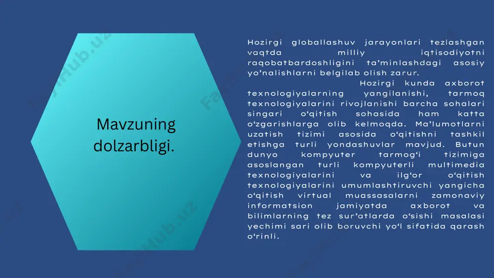 vazifasi: kompyuter grafikasi haqida tushunchani taxlil qilish kompyuter grafikasining paydo bo’lishi va asoschilari kompyuter grafikasi sohalari va uning qo‘llanilishi o‘rganish kompyuter grafikasining hozirgi kunda qo‘llanilishi o‘rganish kurs ishi obekti: kompyuter grafikasining tasnifi va rivojlanish istiqbollarini o‘rganish va o‘rgatish. kurs ishining predmeti: kompyuter grafikasining tasnifi va rivojlanish istiqbollarini o‘rganish. kurs ishining tuzilishi: kirish, 2 ta bob, 4 ta paragraf, xulosa va foydalanilgan adabiyotlar ro‘yhatidan iborat. xulosa bugungi kunda taqdimotlar yaratish va undan foydalanish ham muhim ahamiyat kasb etadi. ta’limda taqdimotlardan nafaqat tijorat yoki namoyish vositasi sifatida, balki bilim berish maqsadlarida ham foydalanish mumkin. albatta bunda ta’limda yangicha metodlardan qo‘llangan holda amalga oshiriladi. bunday ta’lim berish jarayoni o‘qituvchi va o‘quvchi to‘g‘ridan-to‘g‘ri muloqot jarayoni ta’limni interaktiv metodlari yordamida olib boriladi. oliy talimda shaxsiy kompyutеrlarning dasturiy ta'minotini o‘rganish asos qilib olingan. ushbu fanni uzluksiz ta'lim tizimining bu bosqichiga kiritilishidan maqsad o‘quvchilarni axborotni izlab topish, tanlash, ish jarayonida va hayotda axborot tеxnologiyalari yordamida ulardan foydalanish …