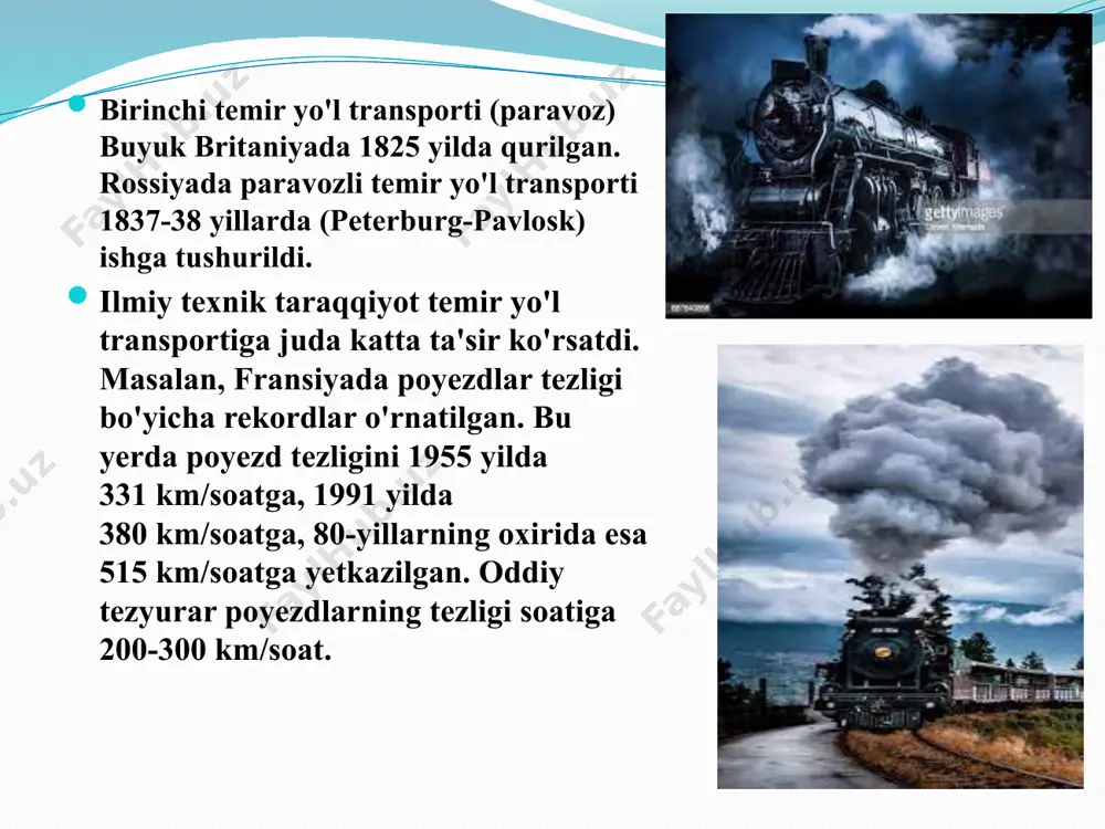 temir yo’llari muhim ahamiyatga ega o’rin egallaydi, yoki biz temir yo’lchilar tili bilan aytganda, traseka transport yo’lagi, osiyodan evropaga qisqa va arzonroq yo’nalish hisoblanadi. «o‘zbekiston temir yo‘llari» datk o‘zbekiston respublikasi hududida joylashgan sobiq o‘rta osiyo temir yo‘llari bazasida 1994 yil 7 noyabrda tashkil topgan. 96,02 mln. tonna yuk va 6,3 mln. yo‘lovchilar tashiladi temir yo‘llarning umumiy uzunligi 7400 km.dan ortiq 83 mingdan ortiq xodimlar ishlaydi yuk tashish aylanmasi 23,4 mlrd. tonna-km.ni, yo‘lovchilarni tashish aylanmasi 1795 km.ni tashkil etadi temir yo`l sohasida qilingan yangiliklar va imtiyozlar o`zbekistonda temir yo‘l tashuvlarida mijozlarga xizmat ko‘rsatish shaffofligi, sifati va tezkorligini oshirish maqsadida “yagona darcha” tamoyili asosida avtomatlashtirilgan axborot tizimi yaratildi. bugungi kunga qadar yo‘lovchi chiptalarni xarid qilish har bir transport turi bo‘yicha alohida yaratilgan elektron tizimlar orqali amalga oshirilayotgan edi (avtobusda – avtoticket.uz, havo transportida – uzairways.com, temir yo‘l transportida – e-ticket.railway.uz). yo`lovchilarga imtiyozlar: 2018 yil yanvar oyidan boshlab xalqaro yo'nalishlarda qatnaydigan yo'lovchi poezdlariga …