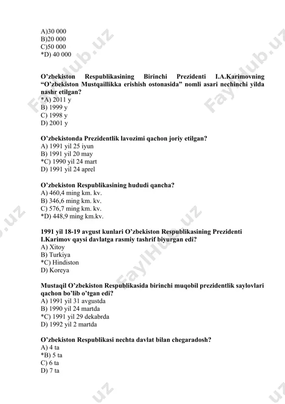 uomalaga kiritildi? a) 1991 yil 18 noyabrdan b) 1992 yil 8 dekabrdan *c) 1994 yil 1 iyuldan d) 1992 yil 2 iyuldan 1992 yil 8 dekabrda o’zbekiston respublikasining qaysi davlat ramzi qabul qilingan edi? a) davlat gerbi b) davlat madhiyasi *c) konstitutsiya d) davlat bayrog’i o’zbekiston respublikasi konstitutsiyasining tarkibi qanday? a) 5 bo’lim, 24 bob, 128 moddadan iborat b) 6 bo’lim, 25 bob, 126 moddadan iborat c) 5 bo’lim, 26 bob, 138 moddadan iborat *d) muqaddima, 6 bo’lim, 26 bob, 128 moddadan iborat o‘zbekiston respublikasining qaysi davlat ramzi nisbatan oldinroq qabul qilingan? a) davlat gerbi *b) davlat bayrog‘i c) davlat madhiyasi d) konstitusiya 2. o‘zbekiston respublikasi konstitutsiyasiga qanday o‘zgartirish kiritiladi? a)*referendum orqali v) oliy majlis yig‘ilishida s) senat yig‘ilishida d) oliy kengash yig‘ilishida davlat hokimiyati necha bo‘g‘inga bo‘linadi? a) 1 b) 2 *c) 3 d) 4 o‘zbekiston milliy taraqqiyot yo‘li bu – *a) bozor munosabatlariga asoslangan huquqiy demokratik davlat qurish …