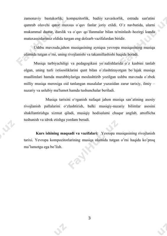 4. ma‘rifatparvarlik davri musiqa madaniyati (xviii asr). har bir davr musiqa madaniyatining o`ziga xos jihatlari bor. masalan, eramizdan avvalgi asrlardan to v asrga qadar davom etgan musiqa madaniyati asosan monodik (ya‘ni bir ovozli) ko`rinishda bo`lgan. bu davrda musiqa asosan misr, xitoy, hindiston kabi qadimgi sharq mamlakatlarida, kеyinroq esa, qadimgi yunonistonda ham o`tkazilgan turli marosimlarda ishlatilgan. bunda ud va arfasimon torli-chеrtma, sibizg`a singari puflama hamda xilma-xil zarbli-urma cholg`ular kеng qollanilgan. v asrdan to xiv asrgacha davom etgan (ya‘ni qadimgi dunyo bilan yangi tarix oralig`idagi davr) o`rta asrlarda musiqa madaniyati turli o`zgarishlarga yuz tutdi. jumladan, g`arbiy yevropa mamlakatlarida musiqaning rivoji asosan chеrkov musiqa madaniyatiga bog`langan edi. aynan chеrkov xorida musiqaning ko`p ovozli (polifonik) uslubi qaror topti. shuningdеk, katolik chеrkovlarida organ cholg`usi ham kеng qo`llanila boshlandi. sharq mamlakatlarida esa, aksincha, monodik uslub o`z kuchini saqlab qoldi. musulmon olamida maqom san‘ati yoyildi. sozandalik va xonandalik san‘ati rivojlandi. ibtidoiy davrda ogzaki ijodi—folklor (inglizcha, fol’k-xalq, lore …