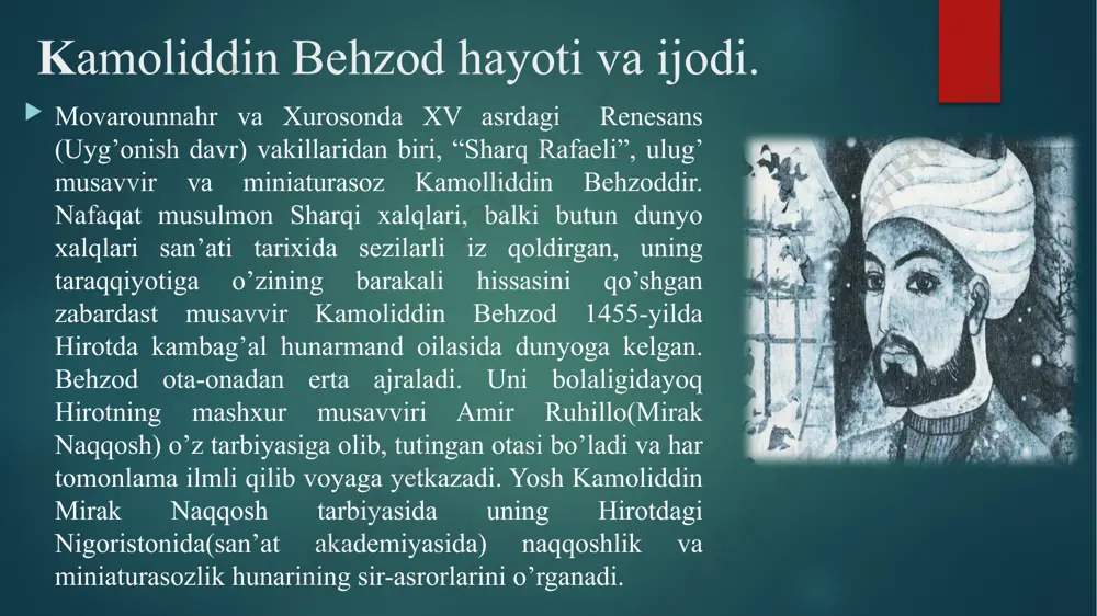 lim poshsho eronga ketma-ket tahdid solib turadi. behzodning boshiga yana og’ir musibatlar tushadi. 1512-1522 yillar behzod hayotida og’ir va musibatli yillar bo’ldi bu yillar orasida u ahyon-ahyonda ona yurti hirotga ham borib kelib turgan. 1522-yilda shoh ismoil safaviy maxsus farmon chiqarib, behzodni tabrizdagi saltanat kutubxonasiga boshliq etib tayinlaydi. sekin asta og’ir kunlarni boshdan kechirib, 1537-yilda hirotda olamdan o’tadi. uni ham hirot aholisi chuqur iztirob ila, ko’hi muxtor tog’i yonbag’riga, jiyani va shogirdi rustam alining qabri yoniga dafn qiladilar. behzod miniatura san’ati tarixida maxsus maktab “behzod maktabini” yaratdi. u real hayot hodisalari va tabiatni tasvirlash uslubi, bo’yoqlardan foydalanish vositalari, rasmga olinayotgan voqealarni nozik chiziqlarda ifodalash yo’llari, inson kayfiyati va xarakatini aks ettira bilishdagi ustaligi, rasm kompozitsiyasining kengligi va turli-tuman hodisalarni qamrab ola bilishi, ajoyib estetik zavq uyg’otishi bilan miniatura san’atini yangi bosqichga ko’tardi, uning tarixida yangi davr yaratdi. behzod ijodi va merosini o’rganuvchi mutaxassislar fikricha, uning hozirgacha ma’lum bo’lgan asarlari tahminan …
