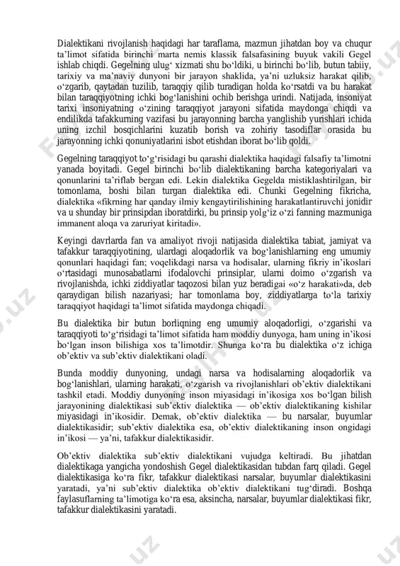 kelib chiqadi. haqiqatan ham, narsa va hodisalar ma’lum vaqt ichida har qancha o‘zgarsa ham, ayni vaqtda ularning ma’lum tomonlari o‘zgarmay qolaveradi. xullas, bunday qarashlar to‘plana borib, narsa va hodisalarning qarama-qarshi tomonlari, ular o‘rtasidagi ziddiyatlar haqidagi qarashlar tufayli falsafada rivojlanish g‘oyasi kelib chiqadi. rivojlanish g‘oyasi inson ongida uzoq asrlar davomida shakllanib boradi. dastlab kishilar rivojlanish to‘g‘risida hech bir tasavvurga ega bo‘lmagan. lekin keyinchalik ular dunyodagi narsa va hodisalarda yuz beradigan turli xil o‘zgarishlarni anglay borib, dunyoning uzluksiz harakatda, o‘zgarish va rivojlanishda ekanligini tushuna boshlaganlar. ular, shu bilan birga, tabiat va jamiyat voqea-hodisalarida juda ko‘p davriy, takrorlanuvchi hodisalarni ham bila borganlar. masalan, yil fasllari, kun bilan tunning o‘rin almashishi va shular kabi. lekin dastlabki davrlarda mutafakkirlar rivojlanishni butunlay yangi narsaning, yangi bosqichning paydo bo‘lishi, deb tushunish darajasiga ko‘tarila olmaganlar. rivojlanishni butunlay yangi sifat o‘zgarishi, eskiga nisbatan jiddiy yangining paydo bo‘lishi, deb tushunishda uyg‘onish davri sharq va o‘rta osiyo mutafakkirlari, keyinchalik esa o‘rta …