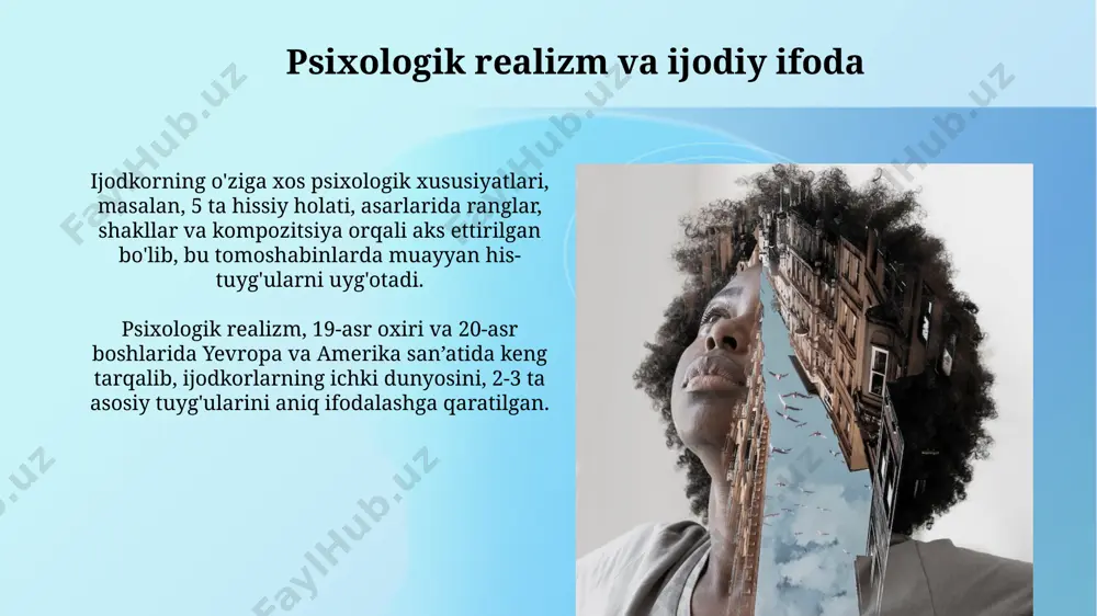 sonning o'ziga bo'lgan munosabatini shakllantiradi. postmodernizm va san'atdagi o'z-o'zini anglash 20-asrning ikkinchi yarmida, ayniqsa nyu-york va london kabi yirik shaharlarda, postmodernist rassomlar o'z asarlari orqali shaxsiy identifikatsiyaning mo'rtligi va o'zgaruvchanligini 5 dan ortiq turli usulda ifoda etishdi. postmodernizmning asosiy tamoyillaridan biri bo'lgan relativism, 1980-yillardan keyin, jahon madaniyati va san'atiga ta'sir qilib, o'z-o'zini anglashning ko'p qirrali va nisbiy tabiatini 2 xil nuqtai nazardan o'rganishga olib keldi. e'tiboringiz uchun rahmat @taqdimot_robot image2.jpg image3.jpg image4.jpg image5.jpg image6.jpg image7.jpg image8.jpg image9.jpg image10.jpg image11.jpg image12.jpg image13.jpg image14.jpg image15.jpg image1.png