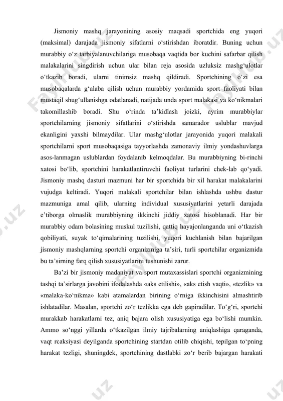 o‘nikma» kabi atamalardan birining o‘rniga ikkinchisini almashtirib ishlatadilar. masalan, sportchi zo‘r tezlikka ega deb gapiradilar. to‘g‘ri, sportchi murakkab harakatlarni tez, aniq bajara olish xususiyatiga ega bo‘lishi mumkin. ammo so‘nggi yillarda o‘tkazilgan ilmiy tajribalarning aniqlashiga qaraganda, vaqt rcaksiyasi deyilganda sportchining startdan otilib chiqishi, tepilgan to‘pning harakat tezligi, shuningdek, sportchining dastlabki zo‘r berib bajargan harakati tushuniladi. harakat tezligi vaqt bilan, ya’ni ma’lum masofada birinchi harakatning boshlanishidan uni tamom qilish uchun ketgan vaqt bilan o‘lchanadi. bir guruhdagi sportchilarning vaqt reaksiyasi va harakat tezligi har xil ko‘rsatkichlarda bo‘lishi tabiiy hol. sportchi harakatni sust, chaqqon yoki o‘ta tezlikda bajarishi mumkin. harakat malakalarini egallashda vaqt reaksiyasi emas, aksincha, harakat tezligi muhimdir. shuning uchun sportchilarga harakat malakalarini o‘rgatishda yuqori harakat tezligini umumiy harakat tezli-giga yaqinlashtirish lozim. shuning uchun umumiy kuchning ko‘p bo‘lmagan qismini, harakat tezkorligini oshirishga qaratish lozim. jismoniy mashq turlarining ayrimlari (masalan, qisqa masofaga yugurish, startdan chiqish, sportchining basketbol to‘pini o‘yinga tushirishi va to‘pni o‘zi bilan …