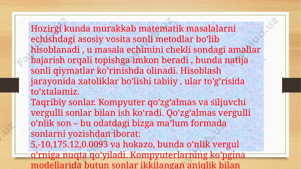 raz qilaylik x ning berilgan dastlabki qiymatiga ko’ra , y miqdorning izlanayotgan qiymati topilayotgan bo’lsin . agar dastlabki qiymat absolyut xatoga ega bo’lsa, u holda echim xatoga ega bo’ladi. masala dastlabki parameter x bo’yicha turg’un deyiladi ,agar y echim x parametrdan uzlluksiz bog’liq bo’lsa , ya’ni astlabki miqdor ning kichik orttirmasi, izlanayotgan miqdor ning kichik orttirmasiga olib kelsa. boshqacha qilib aytganda miqdordagi kichik chetlanishlar, hisoblash natijalaridagi kichik chetlanishlarga olib kelsa.turg’un bo’lmagan masalaning eng qiziqarli namoyishi uilkinson misoli bo’lib hisoblanadi quydagi ko’phad qaraladi 1390+1.475=1391, 1391+0.3964=1391, 1391+0.2764=1391. bunda oxirgi natija s2=1391 ga teng , bu unchalik aniq emas. ushbu xato yaxlitlash xatosi deyiladi. e’tiboringiz uchun raxmat! image7.jpeg image8.jpeg image9.jpeg image10.jpeg image11.jpeg image12.jpeg image3.png image4.png