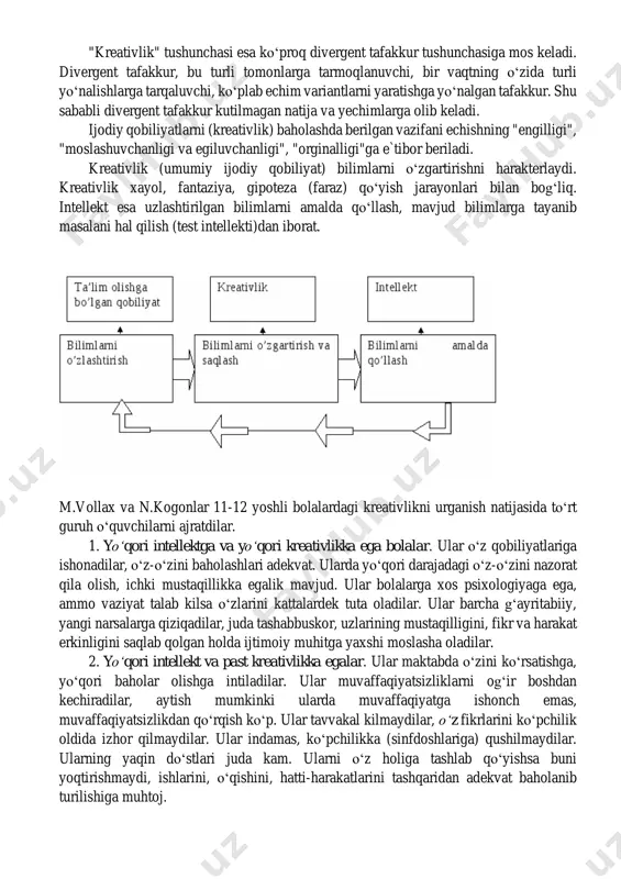 intellektini o‘lchashda qo‘llaniladi. katta yoshli kishilar intellektini baholash uchun boshqa mezon, individual natijani biror meyor (ko‘pchilikni o‘rganish natijasida tajriba yo‘li bilan topilgan) bilan taqqoslanadi. quyida biz shunday jadvallardan birini keltiramiz. intellektni baholash jadvali. intellekt koeffitsienti iq aqliy rivojlanish darajasi % hisobida taqsimlanganlik ko‘rsatgichi 130 va yo‘qori juda yuqori 2,2 120 - 129 yo‘qori 6,7 110 - 119 yaxshi 16,1 90 - 109 o‘rta 50,0 80 - 89 past 16,1 70 - 79 chegara ko‘rsatgichi 6,7 69 va past aqliy zaiflik 2,1 ko‘rinib turibdiki, (jadvalga qarang) yuqori intellektga egalar va aqliy zaiflar 2% ni tashkil qilar ekan. aqliy rivojlanish darajasini o‘lchash ko‘proq aqliy zaiflikni, ijtimoiy qarovsizlikni yoki kasbga tanlash maqsadida qo‘llaniladi. hozirgi vaqtda psixologik tadqiqotlar intellektning o‘zgarmasligini inkor qiluvchi, uning juda ko‘plab omillarga bog`liq (ijtimoiy muhit, oila, irsiyat, motivatsiya) ekanligini ko‘rsatmoqda. shu sababli intellekt koeffitsienti kishining taqdirini belgilovchi birdan-bir ko‘rsatgich sifatida qo‘llanilishi mumkin emas. kreativlik (ijodiy qobiliyatlar). ko‘rsatib o‘tganimizdek birgina iq …