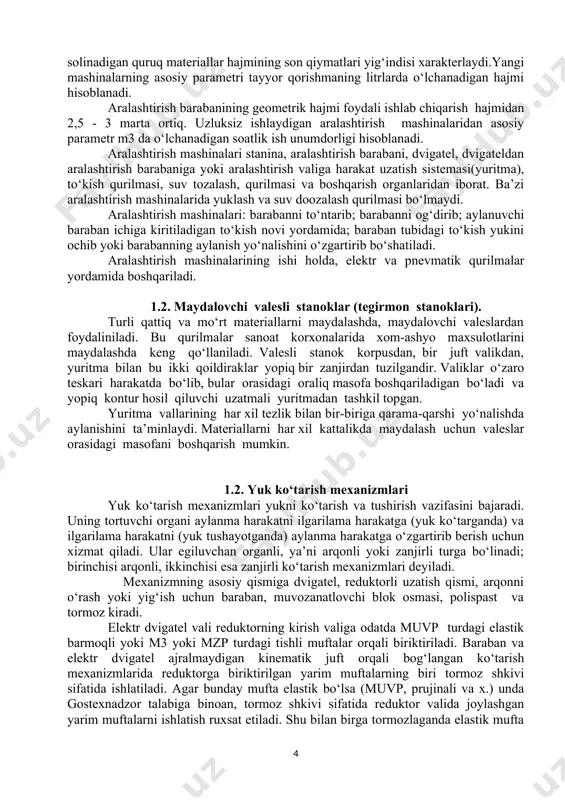 t qiladi. ular egiluvchan organli, ya’ni arqonli yoki zanjirli turga bo‘linadi; birinchisi arqonli, ikkinchisi esa zanjirli ko‘tarish mexanizmlari deyiladi. mexanizmning asosiy qismiga dvigatel, reduktorli uzatish qismi, arqonni o‘rash yoki yig‘ish uchun baraban, muvozanatlovchi blok osmasi, polispast va tormoz kiradi. elektr dvigatel vali reduktorning kirish valiga odatda muvp turdagi elastik barmoqli yoki m3 yoki mzp turdagi tishli muftalar orqali biriktiriladi. baraban va elektr dvigatel ajralmaydigan kinematik juft orqali bog‘langan ko‘tarish mexanizmlarida reduktorga biriktirilgan yarim muftalarning biri tormoz shkivi sifatida ishlatiladi. agar bunday mufta elastik bo‘lsa (muvp, prujinali va x.) unda gostexnadzor talabiga binoan, tormoz shkivi sifatida reduktor valida joylashgan yarim muftalarni ishlatish ruxsat etiladi. shu bilan birga tormozlaganda elastik mufta elementlari yuk momenti harakatidan ajraladi, bu esa uning ishlash muddatini oshiradi. 1.2. yuritmali valeslar valeslar qurilish materiallari va boshxa sanoat korxonalarida qorishmalarni list shakliga keltirish, profillash va qizdirishda ishlatiladi. valeslarning ish bajaruvchi qismi ikki g‘ovak silindrdan tuzilgan bo‘lib, ular o‘zaro parallel …