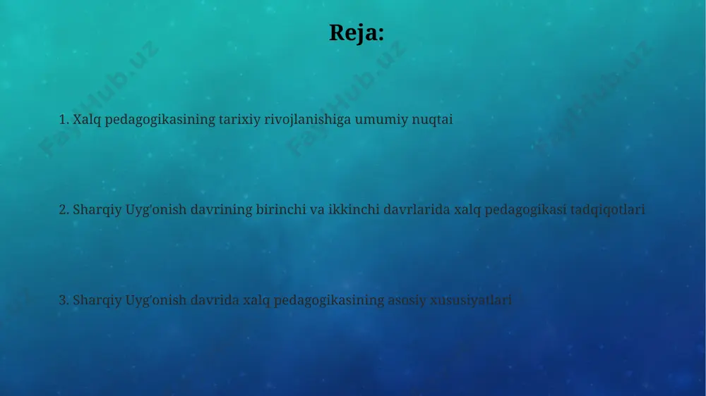 chilik maktablari xalq pedagogikasining muhim manbalaridan bo'lib, 30 dan ortiq hunarga o'rgatishni o'z ichiga olgan. xix asrning ikkinchi yarmida turkistonda rus ta'siri ostida yangi maktab tizimining joriy etilishi xalq pedagogikasi an'analariga sezilarli ta'sir ko'rsatgan. birinchi sharqiy uyg'onish davri manbalari va ularning tahlili машҳур ўрта аср мутафаккирларининг, масалан, алишер навоий ва заҳириддин муҳаммад бобурнинг асарларидаги тарбиявий ғояларнинг 20 дан ортиқ мисоли таҳлил қилиниб, уларнинг педагогик аҳамияти аниқланган. биринчи шарқий уйғониш даври (xv аср) манбаларида, хусусан самарқанд ва ҳиротдаги мадрасаларнинг ўқув дастурларига оид 10 дан ортиқ қўлёзма ҳужжатлар таҳлил қилинган. бу даврдаги туркий тилларда ёзилган 15 тадан ортиқ фолклор асарларининг тарбиявий аҳамияти ва уларнинг болалар тарбиясидаги ўрнини ўрганишга бағишланган тадқиқотлар мавжуд. ikkinchi sharqiy uyg'onish davri manbalari va ularning tahlili 16-asrga oid turkiy tilida yozilgan pedagogik qo'lyozmalar tahlili, o'sha davrda amaliy qo'llaniladigan ta'lim uslublari, masalan, "ustoz-shogird" an'anasi va yod olishga asoslangan ta'limning keng tarqalganligini ko'rsatadi. ikkinchi sharqiy uyg'onish davri (taxminan 1453-1700 yillar) manbalarining …