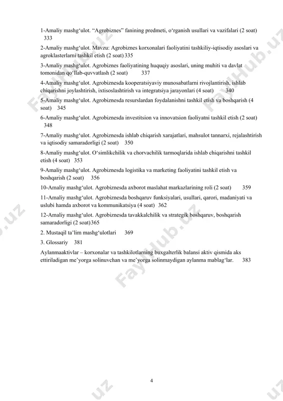 3275. boshqaruv tizimi samaradorligini hisoblash usullari 1-mavzu. “agrobiznesni tashkil etish va boshqarish” fanining predmeti, oʻrganish usullari va vazifalari reja: 1. “agrobiznesni tyashkil etish va boshqarish” fanining predmeti, maqsadi, usullari va vazifalari. 2. qishloq xoʻjaligining respublika ijtimoiy iqtisodiyotida tutgan oʻrni va ahamiyati. 3. iqtisodiyotni modernizatsiya qilish sharoitida agrar sohani rivojlantirish yoʻllari. 4. agrobiznesni tashkil etish va boshqarish fanining oʻrganish usullari. tayanch iboralar: qishloq xoʻjaligi, agrar soha, fanning predmeti, maqsadi, usullari, vazifalari. agrobiznes. kichik biznes va tadbirkorlik. tadbirkorlik. xususiy tadbirkorlik. 1. “agrobiznesni tashkil etish va boshqarish” fanining predmeti, maqsadi, usullari va vazifalari. oʻzbekiston respublikasining agrar sohasi ishlab chiqarish miqdori, aholining bandligi, eksport quvvati boʻyicha iqtisodiyotining yirik sohasi hisoblanadi. aholining farovonligi va iqtisodiyotning boshqa sohalarining rivojlanishi agrar sohaning holati, uning rivojlanish darajasiga bogʻliq. qishloq xoʻjaligini isloh qilish muammosini hal etmay turib, butun iqtisodiy islohotlarni muvaffaqqiyatli davom ettirishimiz mumkin emas. bunga erishish uchun qishloq xoʻjaligida ham tadbirkorlikka keng e’tibor berish kerak. buning namunasi agrobiznesdir. …