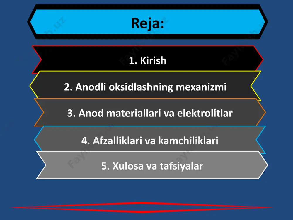 i bilan ajralib turadi, lekin qimmat. grafit: arzonroq material bo‘lib, kimyoviy jihatdan barqaror. nikel va boshqa qotishmalar: ko‘pincha amaliyotda nisbatan arzonroq va bardoshli material sifatida ishlatiladi. anod materiallari uglevodorodlarning gidrogenlash jarayonida optimal reaktsion muhitni ta'minlashi kerak, bu esa energiya sarfini kamaytiradi va yuqori hosildorlikni ta’minlaydi. gidrogenlash uchun elektrolitlar elektrolit sifatida vodorod ionlarini ajratib chiqarishga qodir bo‘lgan kislotali yoki ishqoriy eritmalar ishlatiladi. masalan: sulfat kislotasi (h2so4) natriy gidroksidi (naoh) fosfat kislotasi (h3po4) elektrolitlar anod va katod o‘rtasida elektr o'tkazuvchanlikni ta'minlab, reaksiyaning barqarorligini oshiradi. kimyoviy tenglamalar va jarayon mexanizmi anodli oksidlash jarayonida quyidagi reaksiya sodir bo‘ladi: 1. anod reaksiyasi: 2h2o = o2 + 4h+ + 4e- 2. gidrogenlash: r-ch=ch2 + h2 = r-ch2-ch3 bu jarayonda hosil bo‘lgan vodorod ionlari uglevodorod molekulalariga birikib, ularning tarkibini boyitadi va yangi moddalar hosil qiladi. anodli oksidlashning qo‘llanilish sohalari neft sanoati: uglevodorodlardan yuqori sifatli yoqilg‘ilarni olish. organik sintez: katalitik reaktsiyalar orqali polimerlar, dori vositalari va boshqa organik …
