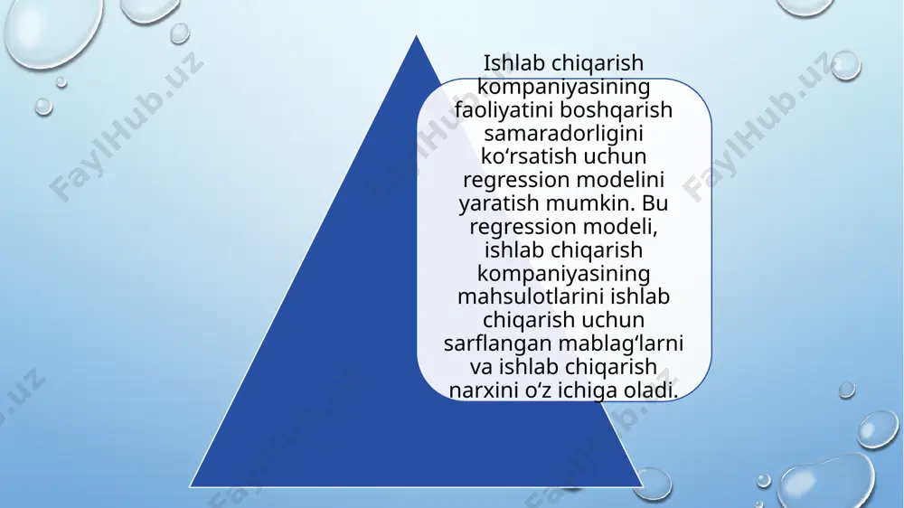 an nihoyatdagi qiymatlari bilan joriy qiymatlarning solishtirilishi yordamida, modellarning samaradorligi va aniqligini baholash uchun kerakli jarayonlardandir. regression modellari, ishlab chiqarish kompaniyasi faoliyatini boshqarishda yaxshi tushuntirish va mahsulotni ishlab chiqarish uchun sarflangan mablagʻlarni va ishlab chiqarish narxini optimallashtirish uchun yordam beradi. regression modellari, ishlab chiqarish kompaniyasi uchun mahsulotlarini ishlab chiqarish uchun sarflangan mablagʻlarni va ishlab chiqarish narxini optimallashtirishda yordam beradi. bu modellar yordamida, ishlab chiqarish kompaniyasi isteʼmolni qanday oʻzgartirish, mahsulotni ishlab chiqarish uchun sarflangan mablagʻlarni kamaytirish va ishlab chiqarish narxini oshirish uchun qanday yechimlarni topish mumkin. regression modellari yaratish uchun, ishlab chiqarish kompaniyasining faoliyatining davriy maʼlumotlari toʻplanishi kerak. bu maʼlumotlar, ishlab chiqarish narxi, mahsulotni ishlab chiqarish uchun sarflangan mablagʻlar, va boshqa muhim oʻzgaruvchilarni oʻz ichiga olgan maʼlumotlar hisoblanadi. regression modellari yaratishda, maʼlumotlar tahliliga va statistik analiz dasturlaridan foydalaniladi. bu dasturlar yordamida, ishlab chiqarish kompaniyasining faoliyatining davriy maʼlumotlari tahlil qilinadi va regression modellari yaratish uchun kerakli oʻzgaruvchilar aniqlanadi. modellarni sinash va validatsiya, …