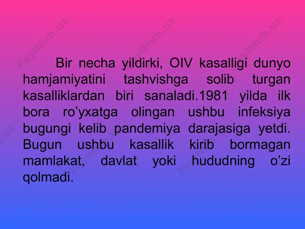 bor oits atamasi paydo bo’ldi, unga ta’rif berildi va aqsh hamda g’arbiy yevropada uning ustidan rasmiy kuzatuv olib borila boshlandi. 1982-1983 yillarda oitsning qonni qayta quyish va giyohvand moddalarni qon tomiri orqali kiritish bilan bog’liqligi aniqlandi. 1985 yil- oiv/oitsning asosiy o’tish yo’llari aniqlandi. 1985 yil- mdh davlatlari hududida oits bilan og’rigan ilk bemor qayd etildi. 1985 yilda oits bilan kurashish uchun birinchi dori– azitotimidinning (azt) birinchi sinovlari boshlandi. mazkur dori kasallikni butunlay tuzatmasa ham, kasallik rivojlanishini sekinlashtiradi. 1987 yil- butunjahon sog’liqni saqlash tashkilotining oits bo’yicha global dasturi ishlab chiqildi. 1988 yil- bmt tomonidan 1dekabr –xalqaro oits ga qarshi kurash kuni deb e’lon qilindi. 1989 yilda aholini va barcha donorlik qonlarini ommaviy majburiy ko’rikdan o’tkazilganligiga qaramasdan, elista va rossiyaning janubidagi boshqa shaharlarda deyarli 250 bolaga immunitet taqchilligi virusi yuqqanligi ma’lum bo’ldi. 1996 yil-oits bo’yicha vankuverda o’tgan xalqaro konferensiyada oitsga qarshi yangi dori vositalari yaratilgani ma’lum qilindi. 2001 yil- bmt bosh assambleyasi …