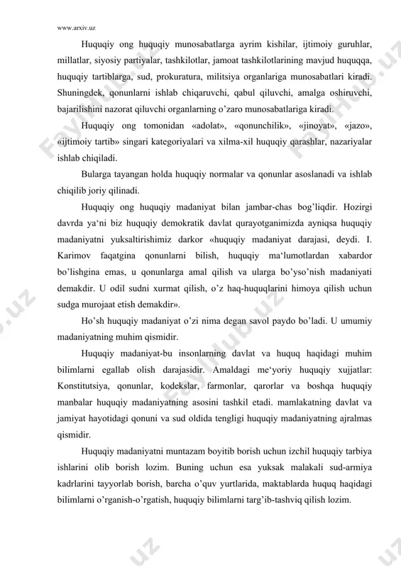 targ’ib-tashviq qilish lozim. xulosa qilib aytganda, mustaqil o’zbekistonda huquqiy davlatni qaror toptirish jarayonida huquqiy ongning, huquqiy madaniyatning roli keskin oshib boryapti. bu esa o’z navbatida huquqiy tarbiya oldida g’oyat jiddiy vazifalarni qo’ymoqda. siyosiy ong va siyosiy madaniyat ijtimoiy ongning muhim shakllaridan biri siyosiy ongdir. siyosiy ong-turli ijtimoiy guruhlarning davlat xokimiyatiga siyosiy tashkilotlarga ularning jamiyat hayotidagi roliga, boshqa davlatlar va milatlarlar bilan munosbatlar va shu kabilarga qarashlarning sistemalashtirilgan nazariy ifodasidir. siyosiy ong siyosiy faoliyat bilan o’zviy bog’langan. siyosiy faoliyat jamiyatning ob‘ektiv tarzda mavjudsiyosiy tuzumini tartiblarini saqlash, mustaxkamlash, takomillashtirish, rivojlantirishga qaratilgan bo’ladi. siyosiy faoliyat muayyan siyosiy maqsadni amalga oshirish orqali namayon bo’ladi. siyosat grekcha «politika» so’zidan olingan bo’lib, «davlatni boshqarish san‘ati» degan ma‘noni anglatadi. siyosiy ijtimoiy guruhlarning iqtisodiy manfaatlarini ifodalaydi siyosiy iqtisodiyotiga, iqtisodiy bazisga faol ta‘sir ko’rsatish xususiyatiga ega. shuning uchun kishilarning siyosiy ongini shakllantirish va rivojlantirish katta axamiyat kasb etadi. «agar iqtisodiy o’sish, taraqqiyot, - deydi i.karimov, -jamiyatimizning tanasi bo’lsa, ma‘naviyat-ma‘rifat …