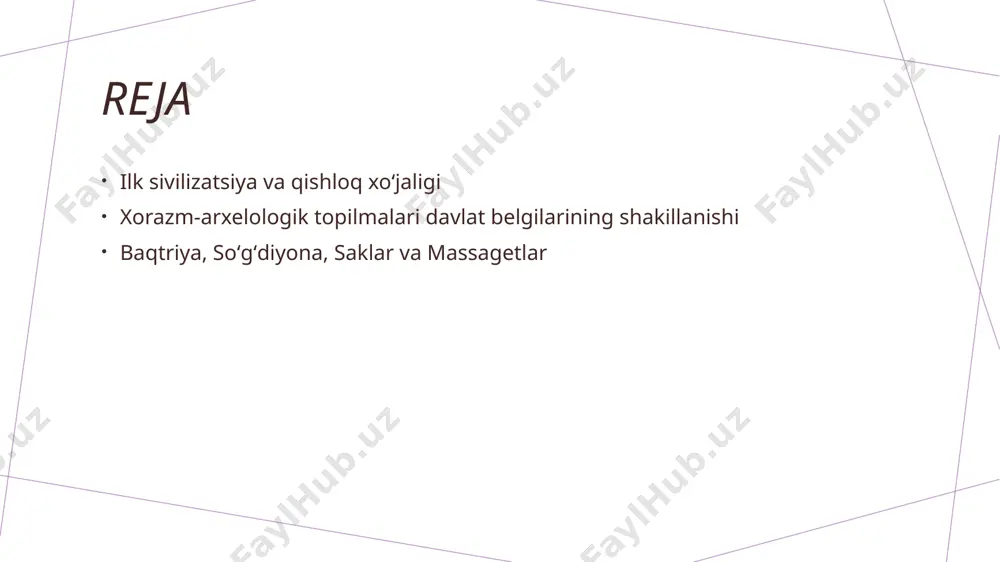 tlamlar turli arxeologik qatlamlar, qadimgi qishloq joylari va madaniyatlar oʻrtasidagi bogʻliqlikni koʻrsatib, sivilizatsiya rivojlanishini tushunishga yordam beradi. tasdiqlovchi ashyolar qazilgan buyumlar, keramikalar va inshootlar, qishloq xoʻjaligi texnikasi va sivilizatsiya rivojlanishini belgilovchi muhim arxeologik topilmalar hisoblanadi. xorazm arkeologik topilmalari va davlat belgilarining shakllanishi jarayonlari qadimgi qazilmalar xorazmda topilgan arkeologik qoldiqlar, davlat belgilarining shakllanishi uchun muhim bo'lib, ularning yordamida dastlabki sivilizatsiyalar va ijtimoiy tuzilmalar aniqlanadi. davlat belgilarining rivojlanishi arkeologik topilmalar orqali xorazmda davlatning bosqichma-bosqich rivojlanishi, me'morchilik va yozma madaniyatning paydo bo‘lishi ko‘rsatiladi. topilmalar va shakllanish jarayoni qadimgi qal'alar, yodgorliklar va yozuvlar orqali xorazmda davlat tuzilmalari va ijtimoiy tartiblarning shakllanish jarayoni o‘rganiladi. davlat belgilarining rivojlanishi va arxeologik topilmalarning roli 1 davlat belgilarining rivojlanishi arxeologik topilmalar yordamida qadimgi davlatlarning chegaralari, ijtimoiy tuzilmalari va hukmronlik belgilari aniqlandi, davlat rivojining bosqichlari o'rganildi. 2 arxeologik topilmalar roli mahalliy qazilmalar orqali topilgan buyumlar va yozuvlar yordamida davlatlarning tashkil topishi, iqtisodiy va madaniy rivojlanishi haqida keng ma'lumotlar olinadi. 3 …