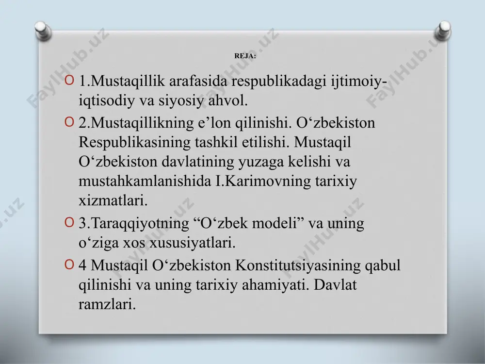 publikasi oliy kengashining navbatdan tashqari o'tkazilgan vii sessiyasida 1991-yil 18-noyabr kuni tasdiqlangan. o’zbekiston respublikasining davlat boshqaruvi prezidentlik respublikasi o’zbekiston respublikasi prezidenti islom karimov. ўзбекистон республикаси конституциясининг қабул қилиниши ўзбекистон республикасининг янги конституциясини ишлаб чиқиш ғояси олий кенгашнинг 1990 йил 20 июнда бўлиб ўтган 2- сессиясида илгари сурилган. сессияда президент и.а.каримов раислигида 64 кишидан иборат конституция лойиҳасини тайёрлаш бўйича комиссия тузиш тўғрисида қарор қабул қилинди. 1992 йил баҳорида конституция лойиҳасининг 149 та моддадан иборат янги варианти ишланди ва у 1992 йил 26 сентабрда умумхалқ муҳокамаси учун матбуотда эълон қилинди. қарийб икки ой давом этган умумхалқ муҳокамасидан сўнг билдирилган таклиф ва мулоҳазалар умумлаштирилди ва лойиҳа ушбу таклиф ва мулоҳазалар асосида қайта тузатилиб, 1992 йил 21 ноябрда муҳокамани давом эттириш учун 2-маротаба матбуотда эълон қилинди. 1992 йил 8 декабрда 12- чақириқ ўзбекистон республикаси олий кенгашининг тўққизинчи сессиясида 6 бўлим, 26 боб, 128 моддадан иборат ўзбекистон республикаси конституцияси қабул қилинди. ўзбекистон республикасининг президенти ўзбекистон …