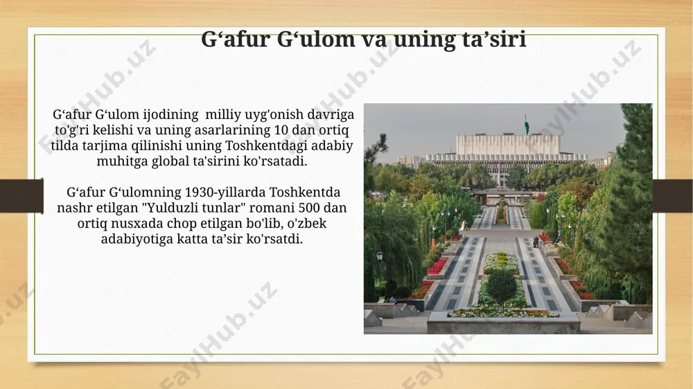oshlab, toshkentdagi adabiy muhitda internet va ijtimoiy tarmoqlarning ta'siri kuchayib, onlayn adabiy platformalar va bloglar yuzaga keldi, bu esa o'zbek adabiyotiga yangi avlod yozuvchilarni jalb qildi. mustaqillikdan keyin, 1990-yillarning boshlarida toshkentda yangi adabiy jurnal va nashriyotlar, masalan, "adabiyot va san'at" jurnali va "gafur gulom" nomidagi nashriyot paydo bo'lib, adabiyotga yangi imkoniyatlar ochdi. adabiy tanqid va adabiyotshunoslik тошкентдаги “адабий танқид ва адабиётшунослик” йўналиши бўйича 20-асрнинг 20-йилларида 5 тадан ортиқ муҳим илмий журналлар ташкил этилган бўлиб, буларнинг аксарияти ўзбек адабиётининг ривожига катта ҳисса қўшган. 1990-йиллардан кейин тошкентдаги адабий танқид ва адабиётшунослик соҳасида 20 дан зиёд монография ва 50 дан ортиқ илмий мақолалар чоп этилиб, янги тадқиқот йўналишлари пайдо бўлди. hamza va uning merosxoʻrlari hamza merosxoʻrlari, cholpon, fitrat kabi adiblar bilan birga, 1920-yillarda toshkentda yangi adabiy maktabni shakllantirishda faol ishtirok etib, oʻzbek adabiyotining modernizatsiyasiga taʼsir koʻrsatgan. hamzaning sheʼriyati va dramaturgiyasi toshkentdagi teatr sahnasida 30 dan ortiq spektakllarga asos boʻlgan, shu jumladan, "boychechak" kabi …