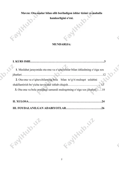 ota-onalar bilan olib boriladigon ishlar tizimi va mahalla hamkorligi — DOCX