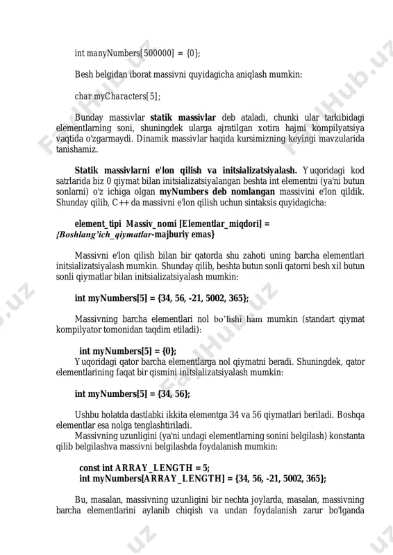 kon beradi. massivlarning ishlatilish sababi. siz dasturni yozyapsiz, unda foydalanuvchi beshta butun sonni kiritishi va ularni ekranga chiqarishi mumkin. ushbu vaziyatni hal qilishning usullaridan biri dasturda beshta alohida butun o'zgaruvchini e'lon qilish va ularda ko'rsatilgan qiymatlarni saqlashdir. bunday e’lon qilish quyidagicha bo’lishi mumkin: int firstnumber = 0; int secondnumber = 0; int thirdnuinber = 0; int fourthnumber = 0; int fifthnumber = 0; ammo agar foydalanuvchi 500 va undan ortiq sonlarni saqlashi va aks ettirishi kerak bo'lsa, u holda yuqoridagi tizim yordamida 500 ta shunday butun o'zgaruvchini e'lon qilishi kerak edi. buni amalga oshirish uchun ko'p mehnat va sabr-toqat kerak. agar foydalanuvchi 5 o'rniga 500 000 butun sonni so'rasa nima bo'ladi? har biri nolga tenglashtiriladigan beshta butun sonli qatorni e'lon qilish to'g'riroq: int mynumbers[5] = {0}; shunday qilib, agar 500000 ta butun sonni berishni so'rashgan bo'lsa, unda massivni muammosiz oshirish mumkin: int manynumbers[500000] = {0}; besh belgidan iborat massivni quyidagicha …