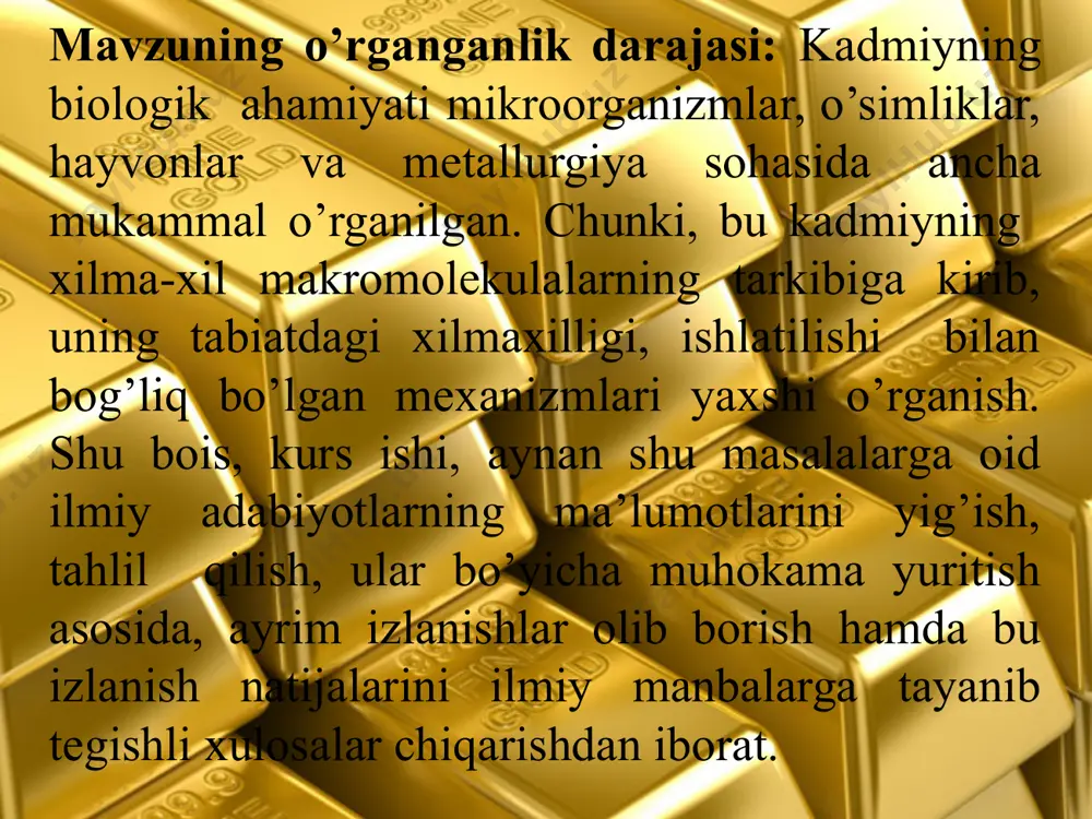 rgarligi darajasiga bog’liq bo’ladi. o’zbekistonda sodir bo’layotgan ijtimoiy –iqtisodiy o’zgarishlari butun ta’lim tizimini isloh qilish va modernizatsiyalashtirish bilan uzluksiz bog’liq. respublikamizda amalga oshirilayotgan ta’lim islohotlari jamiyatimiz kelajagi uchun masul barkamol shaxslarni voyaga yetkazishni nazarda tutadi. ushbu muommoni hal etishda kimyo ta’limini ham o’rni bor. bu fanni o’quvchilarlar tomonidan chuquroq o’zlashtirish uchun zamonaviy o’qitish uslublaridan foydalanish kechiktirib bo’lmaydigan vazifalaridan hisoblanadi. kadmiy (lot. cadmium), cd — mendeleyev davriy sistemasining 2 guruhiga mansub kimyoviy element. tartib raqami 48, atom massasi 112,40. 8 ta barqaror izotopdan iborat: 106cd( 1,22%), ll8cd(0,88%), 110cd(12,39%),mcd(12,75%), ll2cd(24,07%),mcd(12,26%), ll4cd(28,85%) va n6cd(7,58%). atom radiusi 0,146 nm, ion radiusi (qavslarda koordinatsion son keltirilgan) cd2+ 0,092 nm (4), 0,101 nm (5), 0,109 nm (6), 0,117 nm (7), 0,145 nm (12). poling boʻyicha elektromanfiyligi 1,7. kadmiyni 1817 yilda nemis kimyogari kadmiy shtromeyer kashf etgan. dastlab rux karbonat tarkibidan olingani uchun rux rudasining yunoncha nomi ("kadmeia") bilan atalgan. tabiatda rux, qoʻrgʻoshin va mis rudalari bilan …