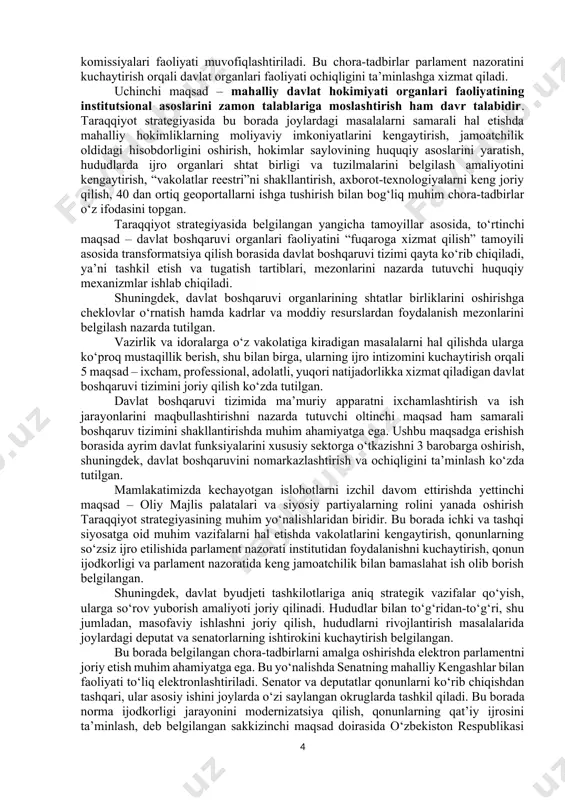h va sohani yangi bosqichga olib chiqish; – milliy manfaatlardan kelib chiqqan holda umumbashariy muammolarga yondashish; – mamlakatimiz xavfsizligi va mudofaa salohiyatini kuchaytirish, ochiq, pragmatik va faol tashqi siyosat olib borish. ushbu maqsadlarga erishish uchun joriy yilning o‘zida umumiy qiymati 55 trillion so‘m va 11,7 milliard dollarlik 398 ta chora-tadbirni amalga oshirish ko‘zda tutilmoqda. xususan, ko‘p sohalar bo‘yicha yangi tartib-qoidalar, xususan aholi va tadbirkorlar uchun yengilliklar, mahalliy davlat hokimiyati organlari faoliyatidagi o‘zgarishlar, davlat boshqaruvi organlari faoliyatini transformatsiya qilish borasidagi yangi islohotlar o‘z aksini topgan. jumladan, davlat boshqaruvi organlarining “davlat – inson uchun” tamoyili asosida hududiy masalalarni hal qilishdagi mas’uliyati va javobgarligini kuchaytirish hamda ularning strategik yo‘nalishlarni rejalashtirishga qaratilgan yangi tizim yaratiladi. strategiyaning birinchi yo‘nalishida 12 ta maqsad, 42 ta topshiriq mavjud bo‘lib, ularning har biri inson qadrini ulug‘lashga xizmat qiluvchi xalqchil davlat barpo etish, aholi uchun farovon turmush sharoiti yaratishda g‘oyat muhim sanaladi. davlatimiz rahbari tomonidan strategiyaning inson qadrini yuksaltirish …