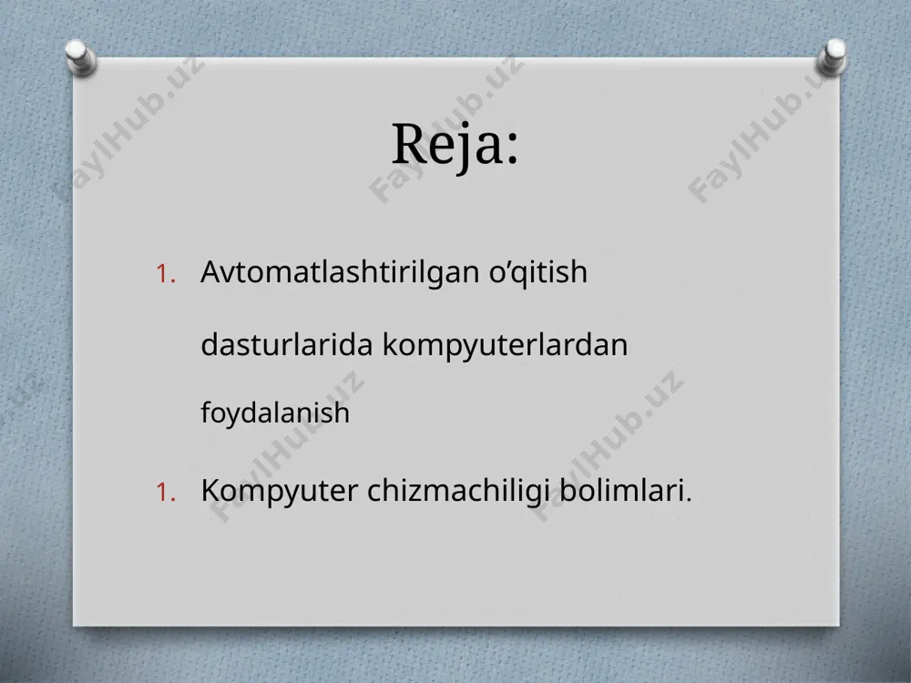 tilish ketma-ketligi tartibida ishlab, о’zlashtiradilar. tarmoqlangan atd yaxlit o ‘quv ma’lumotni o‘zlashtirishda o ‘quvchiga individual yo‘l tanlash imkonini berishni ko‘zda tutadi. bunda ma’lumotni o ‘zlashtirish tayyorgarlik darajasiga bog‘liq boladi. ikkala holda ham o ‘quvchi va o‘qituvchi o ‘rtasidagi aloqa maxsus vositalar (har xil dasturlashtirilgan o‘quv qo‘llanmalari, kompyuterlar) yordamida amalga oshiriladi. ta’limning bu ko‘rinishining afzalligi o ‘quv dasturini o'zlashtirish darajasi va sifati haqidagi ma’lumotni to‘liq va doimiy ravishda olib turish imkoniyati mavjudligi bilan belgilanadi. atd da ta’lim tezligining o ‘quvchining individual imkoniyatlariga mos kelish-kelmasligi muammosi bo'lmaydi. chunki har bir o'quvchi o ‘ziga qulay tartibda ishlaydi. ikkinchi afzalligi, o ’qituvchining axborot uzatishga sarflanadigan vaqtining tejalishida, shuningdek materialni o'ziashtirish va uning natijalarini doimiy nazorat qilishga ajratiladigan vaqtning ortishi bilan izohlanadi. atd ning keng joriy qilinishi moddiy ta’mmot bilan bog‘liq. hozirgi kunda amalda hamma umumta’lim maktablari va kasb-hunar kollejlaridagi ta’lim jarayonini maxsus dasturlashtirilgan darsliklar, grafik topshiriqlar to‘plamlari, test usulidagi nazorat topshiriqlari bilan to’liq ta’minlash …
