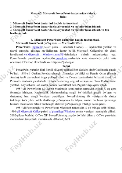 microsoft powerpoint dasturlarida ishlash — DOCX