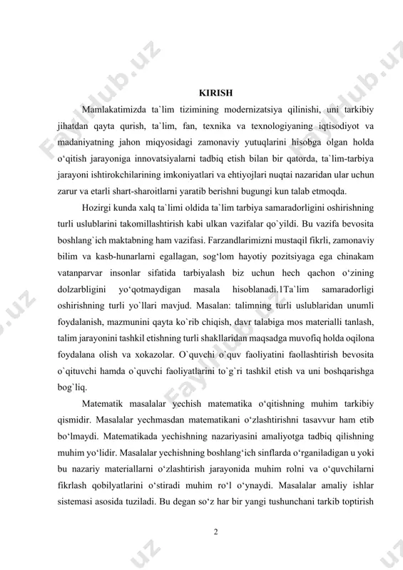 sifatida tarbiyalash biz uchun hech qachon o‘zining dolzarbligini yo‘qotmaydigan masala hisoblanadi.1ta`lim samaradorligi oshirishning turli yo`llari mavjud. masalan: talimning turli uslublaridan unumli foydalanish, mazmunini qayta ko`rib chiqish, davr talabiga mos materialli tanlash, talim jarayonini tashkil etishning turli shakllaridan maqsadga muvofiq holda oqilona foydalana olish va xokazolar. o`quvchi o`quv faoliyatini faollashtirish bevosita o`qituvchi hamda o`quvchi faoliyatlarini to`g`ri tashkil etish va uni boshqarishga bog`liq. matematik masalalar yechish matematika o‘qitishning muhim tarkibiy qismidir. masalalar yechmasdan matematikani o‘zlashtirishni tasavvur ham etib bo‘lmaydi. matematikada yechishning nazariyasini amaliyotga tadbiq qilishning muhim yo‘lidir. masalalar yechishning boshlang‘ich sinflarda o‘rganiladigan u yoki bu nazariy materiallarni o‘zlashtirish jarayonida muhim rolni va o‘quvchilarni fikrlash qobilyatlarini o‘stiradi muhim ro‘l o‘ynaydi. masalalar amaliy ishlar sistemasi asosida tuziladi. bu degan so‘z har bir yangi tushunchani tarkib toptirish har doim bu tushuncha ahamiyatini tushuntirishga yordam beradigan uning qo‘llanishini talab qiladigan u yoki bu masalani yechish bilan amalga oshadi. bola maktabdagi mashg‘ulotlarning birinchi kunidayoq masala bilan uchrashadi. …