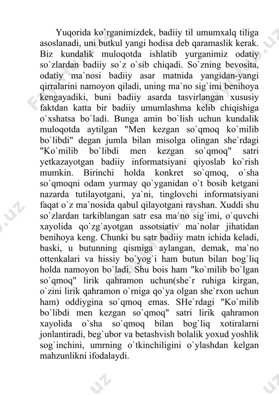 git..." (otabek) "... uzun bo`ylik, qora cho`tir yuzlik, chag`ir ko`zlik, chuvoq soqol, o`ttiz besh yoshlarda bo`lg`on ko`rimsiz bir kishi..." (homid) "... qora zulfi par yostiqning turlik tomonig`a tartibsiz suratda to`zg`ib, quyuq jinggila kiprik ostidagi timqora ko`zlari bir nuqtag`a tikilgan-da, nimadir bir narsani ko`rgan kabi... qop-qora kamon, o`tib ketgan nafis, qiyig` qoshlari chimirilgan-da, nimadir bir narsadan cho`chigan kabi... to`lg`an oydek g`uborsiz oq yuzi bir oz qizilliqg`a aylangan-da, kimdandir uyalg`an kabi..." (kumush) "o`n yetti yashar chamaliq, kulchalik yuzlik, oppoqqina, o`rtacha husnlik zaynab qayin onasining tilak va sha`niga loyiq tavozi`-odoblar bilan bitta-bitta bosib dasturxon yoniga keldi..." (zaynab) roman voqeligiga ilk bor kirib kelgan qahramonlarini a.qodiriy o`quvchisiga ayni shu yo`sin taqdim qiladi. tabiiyki, ularning har biriga nisbatan yozuvchining o`z hissiy munosabati bor va tasvirda bo`rtib turgan bu munosabat o`quvchi shuuriga singadi, uning qahramonlarga munosabatini belgilaydi. otabek haqida gapirganda sezilib turuvchi ichki bir hurmat, kumush tasviridagi shaydolik, homid tasviridagi jirkanishga yaqin bir his, zaynab tasviridagi …