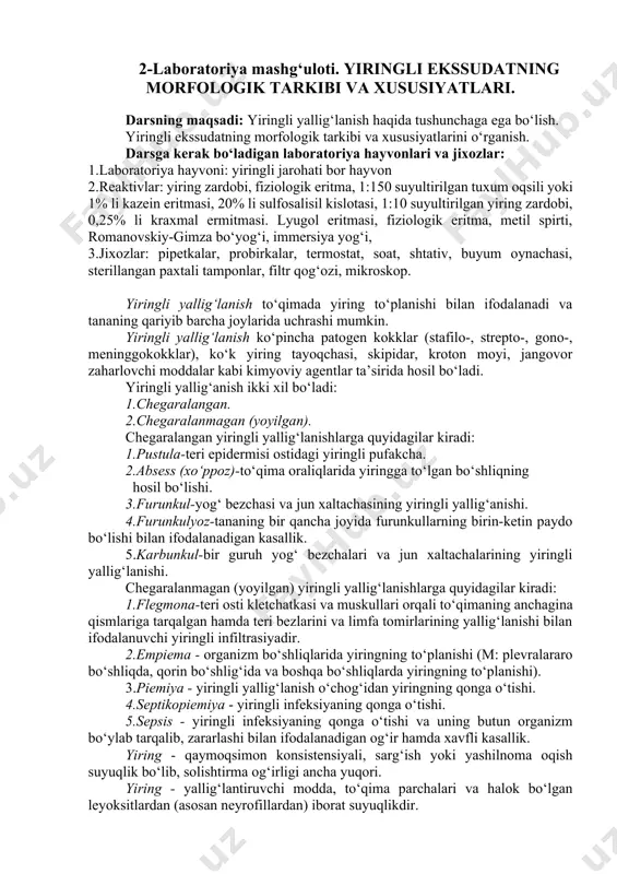 i bir xil bo‘l-masdan, uning turi, yoshi, jinsi, ozuqalanishi va boshqalarga bog‘liqdir. masalan: a).yosh, kari, oriq hayvonlar zaharlar ta’siriga chidamsiz bo‘ladi; b).urg‘ochi hayvonlar erkak hayvonlarga nisbatan chidamsiz bo‘ladi; v).qoramal-og‘ir metall tuzlariga, xlorofrmga, otlar-o‘simlik zahar-lariga, qustiruvchi moddalarga, tovuqlar va cho‘chqalar osh tuziga chidamsiz bo‘ladi. hayvonlar ozuqasiga zaharli o‘simliklarning biror qismi doni aralashib qolsa, noto‘g‘ri tayyorlansa va saqlansa, chirib qolsa zaharlanishga sabab bo‘ladi. xalq xo‘jaligida ishlatiladigan turli ximikatlarning noto‘g‘ri saqlanishi va qo‘llanishi ham zaharlanishga olib keladi. 1-tajriba. kimyoviy moddalarning organizmga mahalliy ta’sirini o‘rganish. tajriba uchun kerakli hayvonlar va jihozlar: baqalar, po‘kak taxtachalari, ignalar, pipetkalar, kislotalar, ishqorlar, paxta. tajriba o‘tkazish tartibi: 4-5 ta baqaning orqa miyasiga igna (zond) sanchib, harakatsizlantiriladi. harakatsizlantirilgan baqalar po‘kak taxtachalarining ustiga chalqanchasiga yotqizilib, ignalar bilan mahkamlanadi. alohida-alohida pipetkalar bilan baqalarning tanasiga turli xil kislota va ishqorlar tomizilib, hosil bo‘ladigan o‘zgarishlar o‘rganiladi. olingan natijalar va xulosa tajriba bayoniga yoziladi. olingan natijalar va xulosa tajriba bayoniga yoziladi. nazorat uchun savollar 1.ximiyaviy …