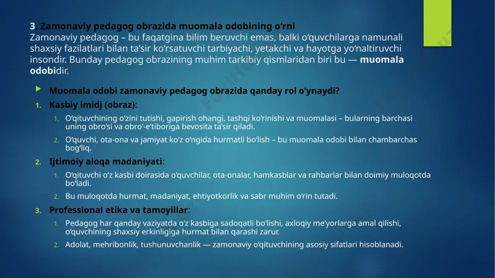 agogik texnika o‘qituvchining eng muhim ish qurollaridan biridir. pedagogik texnikaning samarali o‘qituvchilik faoliyatidagi ahamiyati: dars samaradorligini oshiradi: ta’sirchan nutq, aniq mimika va ishonchli muomala orqali o‘quvchilarning darsga bo‘lgan qiziqishini oshiradi; o‘quvchilarni faol ishtirok etishga jalb qiladi. o‘quvchi bilan samarali muloqot o‘rnatadi: ishtirokchilar bilan psixologik kontakt o‘rnatish osonlashadi; har bir o‘quvchining individual xususiyatlarini inobatga olib, yondashuv o‘zgartiriladi. ijobiy psixologik muhit yaratadi: stressli va tang vaziyatlarda pedagogik texnika yordamida murosali yechim topish mumkin; o‘quvchilarda xavfsizlik hissi, ishonch va hurmat tuyg‘ulari shakllanadi. pedagogning kasbiy nufuzi ortadi: dars jarayonini boshqarishdagi mahorat va madaniyat o‘quvchi, ota-ona va hamkasblar orasida pedagogga nufuz keltiradi; yetakchi, namunali o‘qituvchi obrazini shakllantiradi. pedagogik texnikaning asosiy tarkibiy qismlari pedagogik texnika – bu o‘qituvchining ta’lim-tarbiya jarayonida o‘quvchilarga samarali ta’sir o‘tkazish, ularning e’tiborini jalb qilish, darsni boshqarish va muloqot o‘rnatish uchun zarur bo‘lgan amaliy ko‘nikmalar majmuasidir. u quyidagi asosiy qismlardan iborat: 1. nutq texnikasi pedagogik faoliyatda eng kuchli vosita – bu o‘qituvchining so‘zidir. …