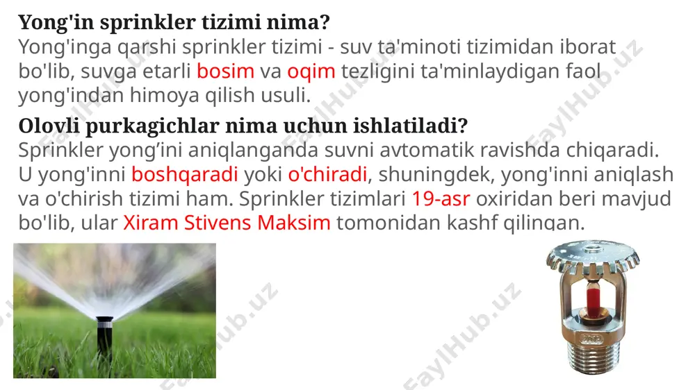 da o'chirishga imkon beradi . mashhur echimlardan biri bu drencher - rag'batlantirish tizimining signali asosida ishlaydigan ochiq turdagi sprinkler . hozirgi vaqtda binolarni yong'indan himoya qilishning ko'plab usullari mavjud . y ong'inni o'chirish tizimining asosiy maqsadi yong'inlarni avtomatik ravishda o'chirishdir . bunday echimlar yong'in paydo bo'lishining yuqori ehtimoli bilan tavsiflangan ob'ektlar uchun qo'llaniladi . drencher qurilmasi yong'in o'chirish tizimi bo'lib , u suv yoki o't o'chiruvchi vosita bilan to'ldirilgan nasos stantsiyasidan ta'minot quvuri hisoblanadi . drencher bilan sprinklerlarning farqi nimada ? ikkita turdagi avtomatik yong'inga qarshi suv tizimlari . ulardan birinchisi sprinkler qurilmalaridir . ularning asosiy afzalligi faqat harorat chegarasidan oshib ketgan mahalliy hududda faollashtirishdir . ikkinchi suv yong'inga qarshi tizimi - drencher . sprinkler-dan farqli o'laroq , u termal qulf deb ataladigan narsaga ega emas . natijada , tizimni faollashtirish barcha nazorat qilinadigan hududlarda mutlaqo amalga oshiriladi . bunday tizimning shubhasiz afzalliklari : yong'inning paydo bo'lishiga va uni bartaraf …