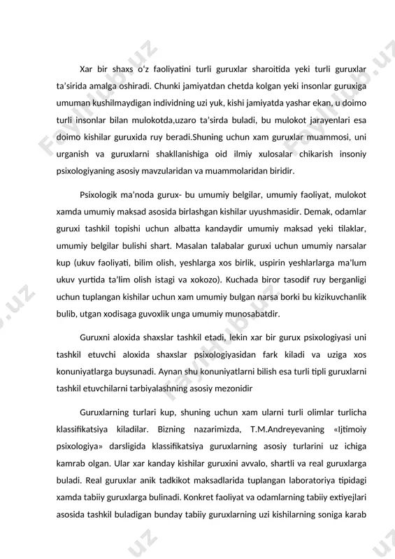 amda tabiiy guruxlarga bulinadi. konkret faoliyat va odamlarning tabiiy extiyejlari asosida tashkil buladigan bunday tabiiy guruxlarning uzi kishilarning soniga karab katta, kichik guruxlarga bulinadi. katta guruxlar uni tashkil etuvchilarning maksadlari, fazoviy joylashishlari, psixologik xususiyatlariga karab uyushgan va uyushmagan turlarga, kichiklari esa uz navbatida endi shakllanayetgan, diffuz xamda tarakkiyetning yuksak pogonasiga kutarila olgan jamoa turlariga bulinadi. guruxlarning ijtimoiy psixologiya uchun ayniksa muxim xisoblangan turlariga ta’rif berish va ularning psixologik konuniyatlarini urganishni maksad kilib kuygan xolda bevosita katta guruxlarningijtimoiy psixologik konuniyatlarini urganishga utamiz. katta guruxlar psixologiyasiga xos xususiyatlar va ularning ilmiy tadkik kilish prinsiplari. katta guruxlar kishilarning shunday birlashmasiki, ulardagi odamlar soni avvalo kupchilikni tashkil etib, sinfiy, ilmiy, irkiy, professional belgilar, ularning shu guruxga mansubligini ta’minlaydi. katta guruxlarni tashkil etuvchilar kupsonli bulganligi va ular xulk-atvorini belgilovchi mexanizmlarni uziga xosligi tufayli bulsa kerak ijtimoiy psixologiyada olimlar kupincha kichik guruxlarda ish olib borishni afzal kuradi. lekin katta kishilar uyushmasining psixologiyasini bilish juda katta tarbiyaviy …