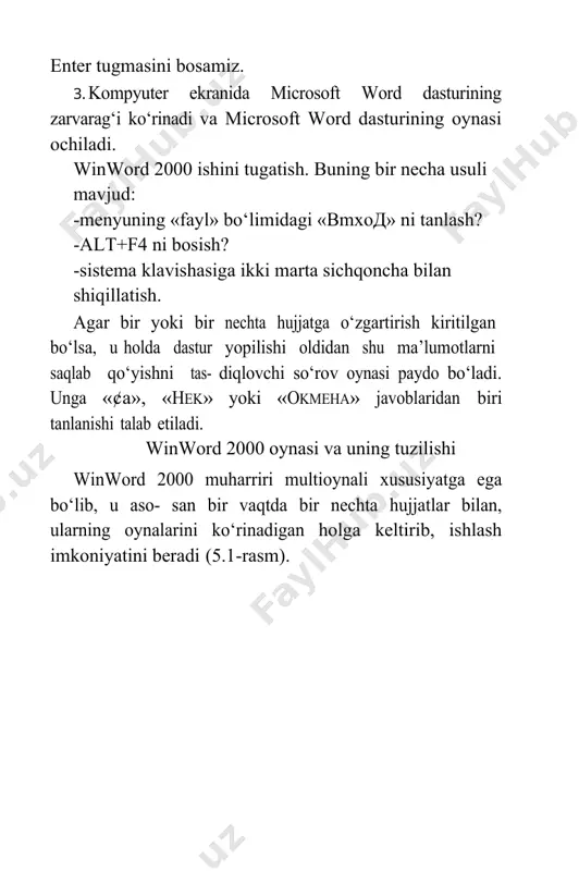 rishga yordam beradi. oyna to‘la holda bo‘lsa, u holda bu tugmacha winword 2000 muharriri menyu satrining chap tomonida joylashadi (5.2-rasm). bu menyu buyruqlari mos ravishda winword 2000 sistema menyusi buyruqlarini bir oz farq bilan takrorlaydi. birinchidan, ular faqat shu oyna uchungina tegishli, ikkinchidan boshqa qaynoq klavishalar qabul qilingan. menyu satri. menyu satri sarlavha satri os- tida joylashgan bo‘lib, hujjat oynalari uchun umumiydir. menyu satri funksional belgilariga ko‘ra birlashtirilgan menyu nomlari, ya’ni buyruqlar guruhlari nomlarini ko‘rsatib turadi. menyuda 5.2-rasm. winword 2000 da bajarilishi mumkin bo‘lgan barcha buyruqlar keltiril- gan. menyu bo‘limini tanlansa, shu bo‘limga tegishli buyruqlar ro‘yxati paydo bo‘ladi. piktogrammalardan iborat bosh menyu. standart vositalar paneli. odatda bu panel menyu satri ostida joylashgan bo‘lib, piktogramma- lardan iborat klavishalardan tashkil topgan. har bir piktogramma bilan biror bir buyruq birlashtirilgan bo‘lib, uning ramziy tasviri shu klavisha- da ifodalangan. ko‘pchilik klavishalar menyudagi tez-tez ishlatilib turadigan buyruq- larni takrorlaydi. piktogramma yordamida buyruqni chaqirish menyu orqali …