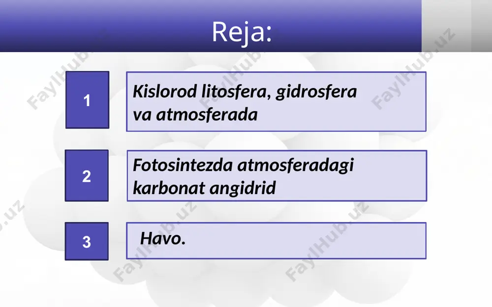 si bo‘lgan sulfit angidrid, atmosferada elektr razryadlari natijasida hosil bo‘ladigan azot oksidlari. havo yerdagi hayot uchun eng zaruriy tarkibiy qism bo‘lib, uning tozaligini, musaffoligini saqlash insoniyat uchun muhim ahamiyatga ega. havoni ifloslanishdan saqlash uchun chiqindisiz yangi texnologiyalar qo‘llanishi, yer biomassasining noo‘rin kamaytirilishining oldini olish, havo tozaligini saqlovchi tabiiy mexanizmlarni normal ishlashini ta’minlash zarur. image2.jpeg image3.jpeg image4.png image5.jpeg image6.jpeg image7.jpeg image8.png image9.png image10.jpeg image11.jpeg image12.jpeg image13.jpeg image14.png image15.jpeg image16.jpeg image17.jpeg image18.jpeg image19.jpeg image20.jpeg image21.jpeg image22.jpeg image23.jpeg image24.jpeg image25.jpeg image1.jpeg /docprops/thumbnail.jpeg