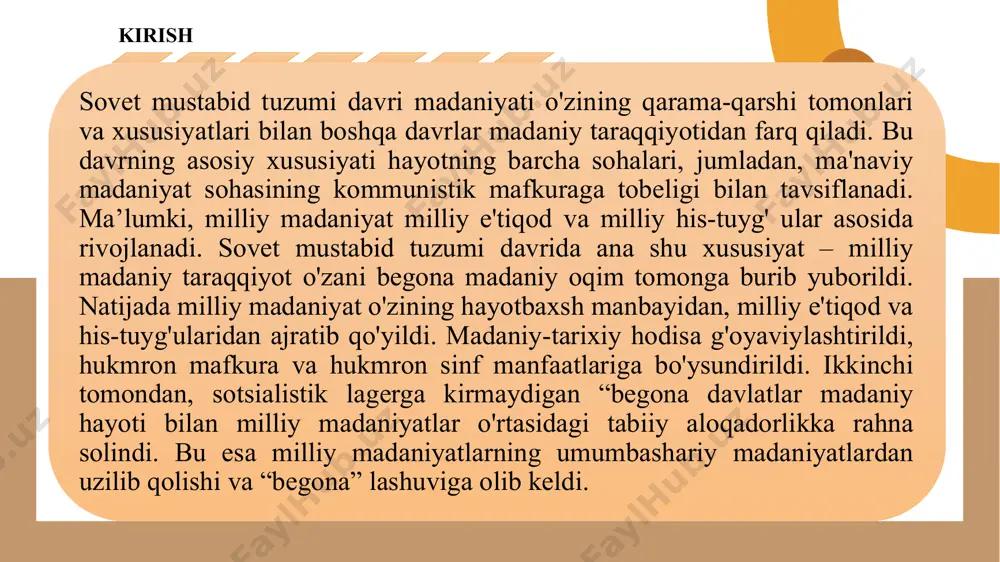 rdan avlodlarga qonuniy tarzda o'tuvchi yaxlit jarayonning buzilishiga sabab bo'ldi. har bir jarayonning ijobiy va salbiy tomonlari mavjud bo'lganidek, sobiq sho'rolar davrining ham o'ziga xos ijobiy tomonlari ham mavjud bo'lganki, bundan ko'z yumish umumiy tabiiy-tarixiy jarayonga bir tomonlama nazar tashlash bilan barobardir. sovet mustabid tuzumi davrida o'ziga xos madaniy taraqqiyot vujudga kelib, bu madaniy jarayon ozmi-ko'pmi umumbashariy madaniy taraqqiyotning rivojiga sezilarli ta'sir ko'rsata olgan. bu davrda ilm-fan, texnika va san'atning ko'pgina sohalarida (ayniqsa, me'morchilikda) ulkan yutuqlarga erishildi. fanning ayrim sohalardagi rivoji dunyo miqyosidagi darajaga ko'tarildi. sovet mustabid tuzumi davri madaniyatining asosiy tomonlaridan yana biri majburiy ta'limning joriy etilganligidir. bu vazifani amalga oshirish uchun ko'plab maktablar tashkil etildi. natijada qishloq joylari madaniy-maishiy hayotining yaxshilanishida ana shu maktablarning ta'siri sezilarli darajada bo'ldi. yoki xalq xo'jaligining turli sohalarini kadrlar bilan ta'minlash uchun ta'lim tizimining bosqichma-bosqich yaxshilanib borilishi ham aholi madaniy saviyasining ko'tarilishida muhim rol o'ynagan. xx asrning 20-yillaridayoq o’zbek milliy professional teatri va …