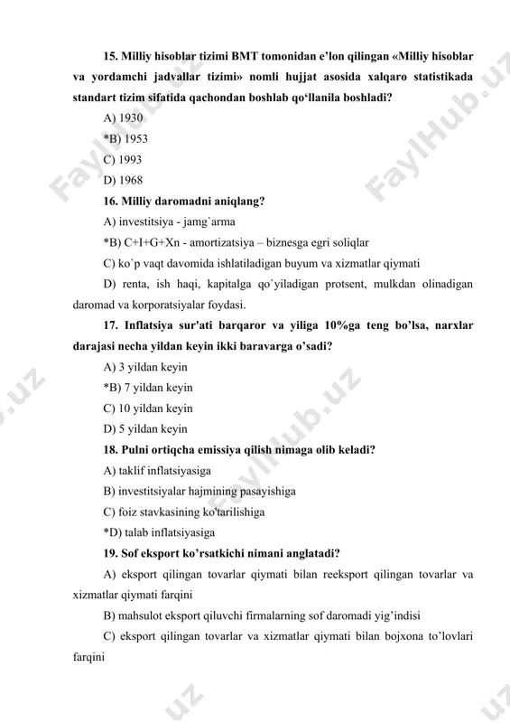 shsizlar soni/jami aholi soni)*100 % c) (ishchi kuchi soni/jami aholi soni)*100 % d) (mehnatga layoqatsiz aholi/mehnatga layoqatli aholi)*100 % 26. ish qidirib yurgan odam kim deb xisoblanadi? a) ishchi kuchi tarkibiga kiritilmaydi b) ish bilan band *c) ishsiz d) to`liq ish bilan band emas 27. inflyatsiyani vujudga keltirmaydigan sababni aniqlang. *a) ishlab chiqarish va tovar aylanishi xajmining ortishi b) qo’shimcha yalpi talab c) ishlab chiqarish xarajatlarini ortishi d) nominal ish haqi va xom -ashyo materiallarini bahosini o’sishi 28. iste’molga bo’lgan me’yoriy moyillik qanday aniqlanadi? a) jami iste’molni jami daromadga iste’moli *b) iste’mol xarajatini o’sishini ixtiyordagi daromad o’sish birligiga nisbati c) daromad o’zgarishi oqibatida iste’mol xarajatini o’zgarishi d) ehtiyojlarning pul bilan qoplangan qismi 29. qachon pul taklifi ko’payadi? *a) markaziy bank depozitlarni majburiy zahiralash mе'yorini pasaytirsa b) davlat tomonidan tovarlar va xizmatlar sotib olish hajmi oshirilsa c) aholi xususiy kompaniyalar aksiyalarini sotib olsa d) markaziy bank qayta moliyalash stavkasini oshirsa 30. …
